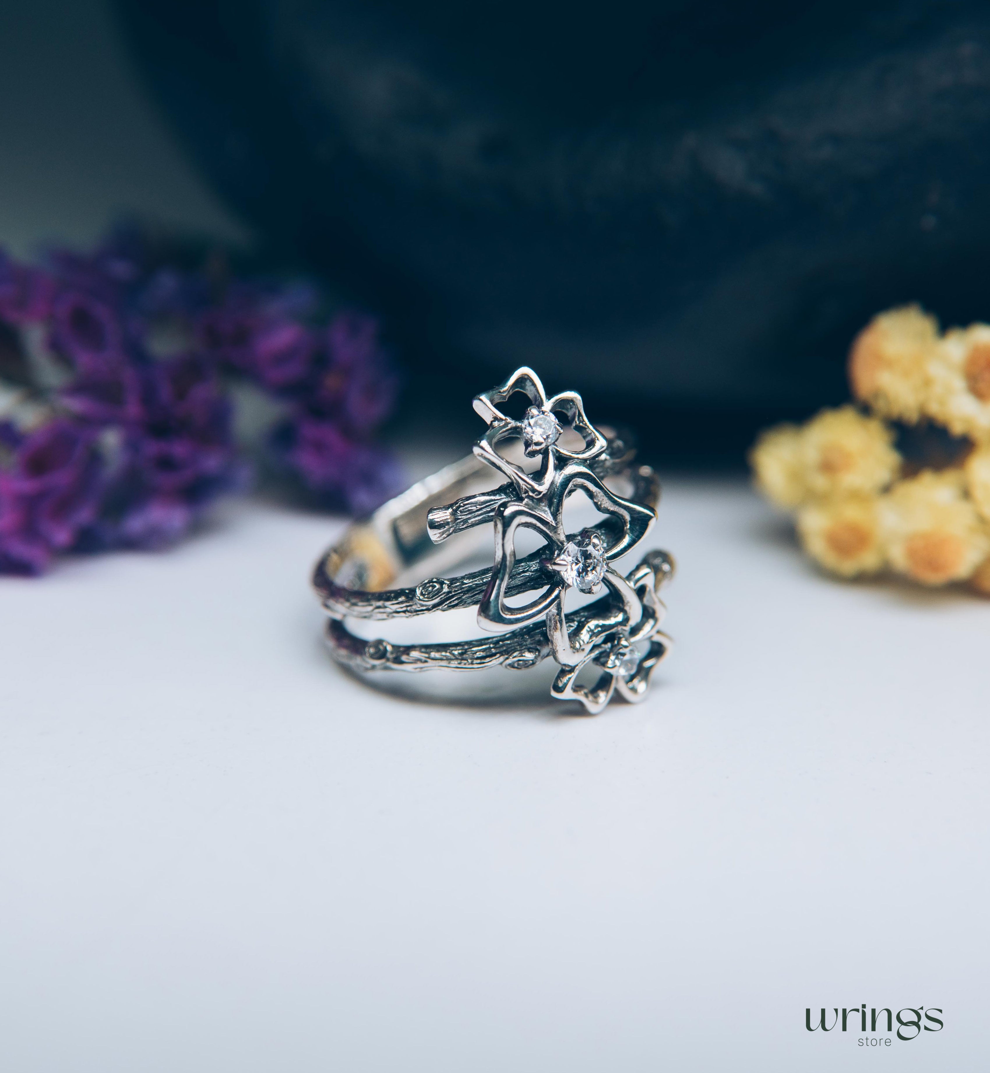 Triple Cubic Zirconia Trefoils on the Silver Branches Ring