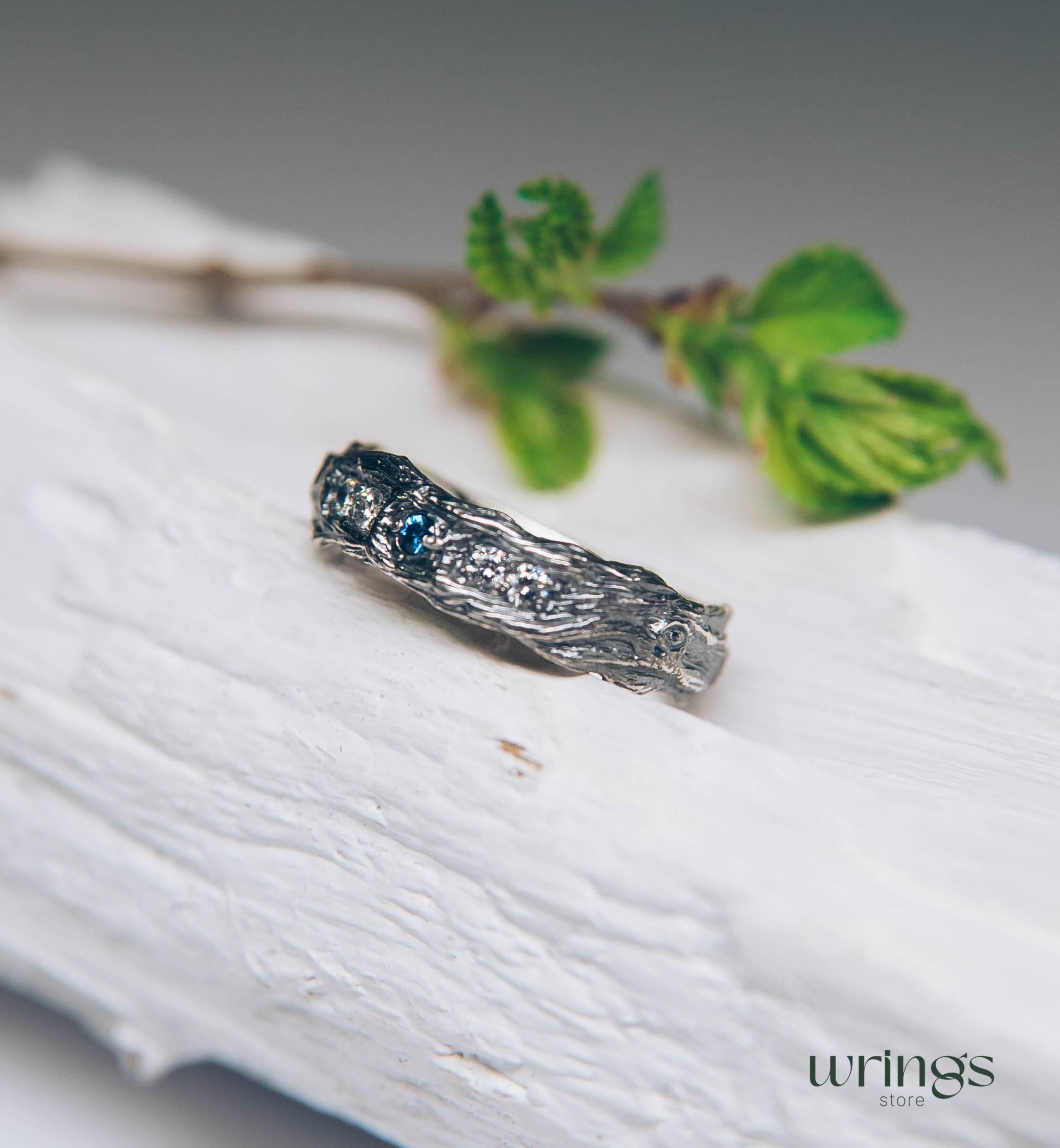 Unusual Tree Bark Sapphire Wedding Ring adorned with side CZ Accents