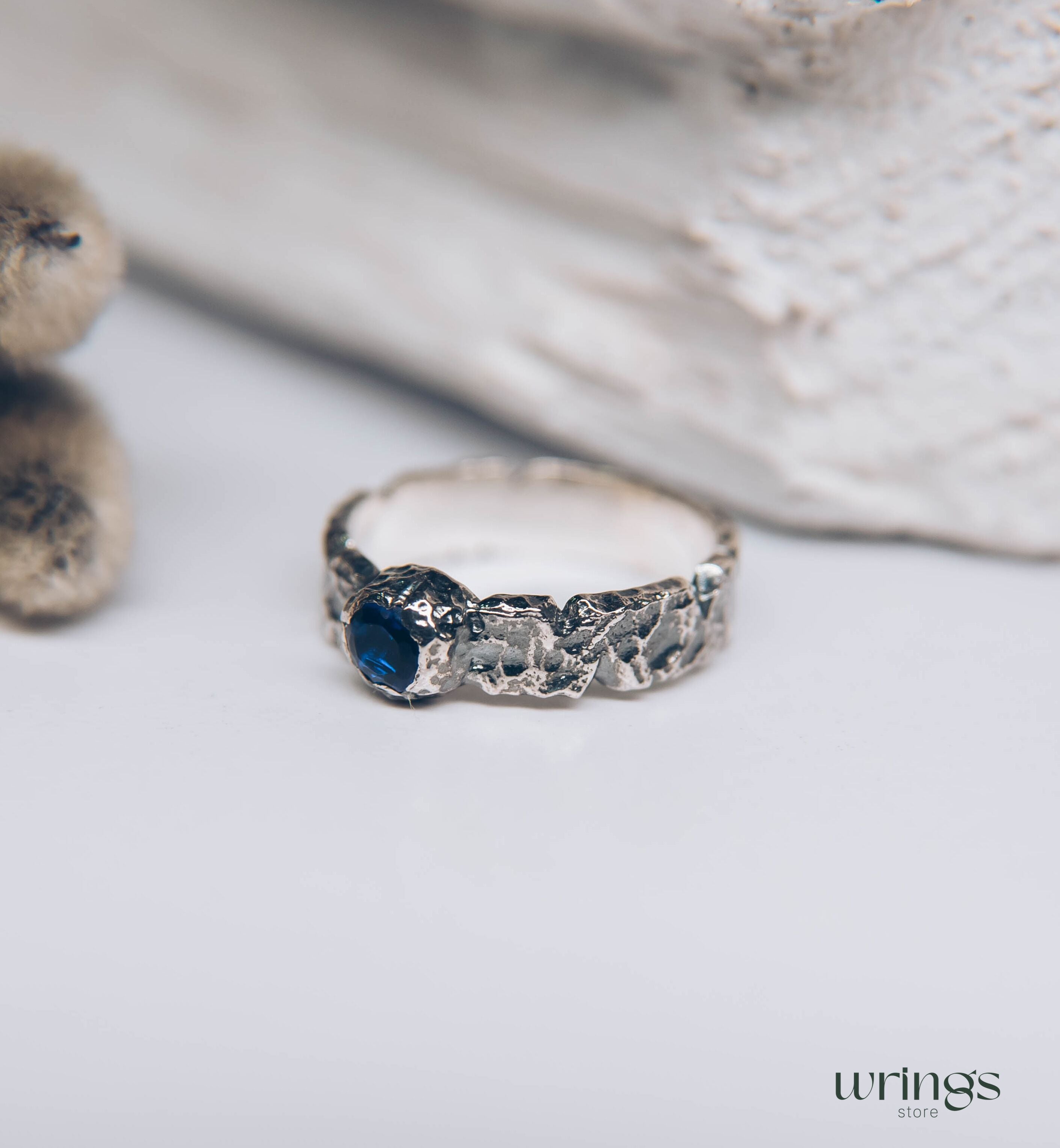 Sapphire Women's & Men's Hammered Sterling Silver Ring