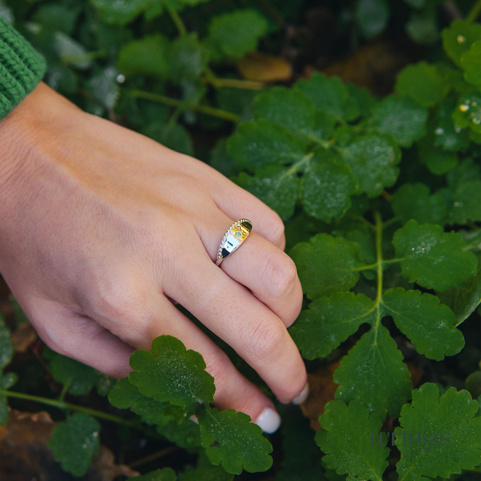 Beaded Silver & Emerald Evil Eye Ring Boho Style