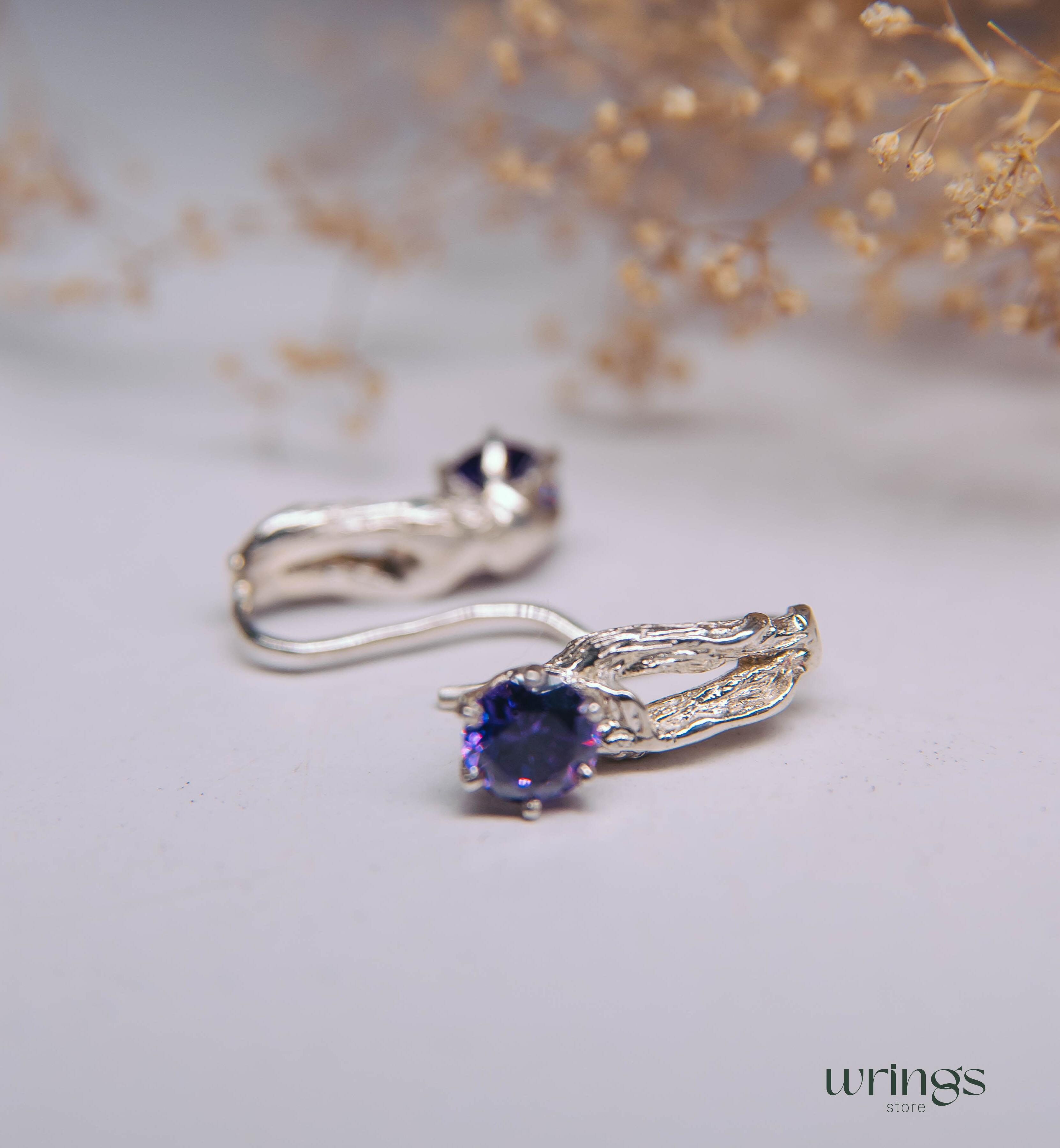 Amethyst Earrings Nature inspired Branch & Leaf Silver