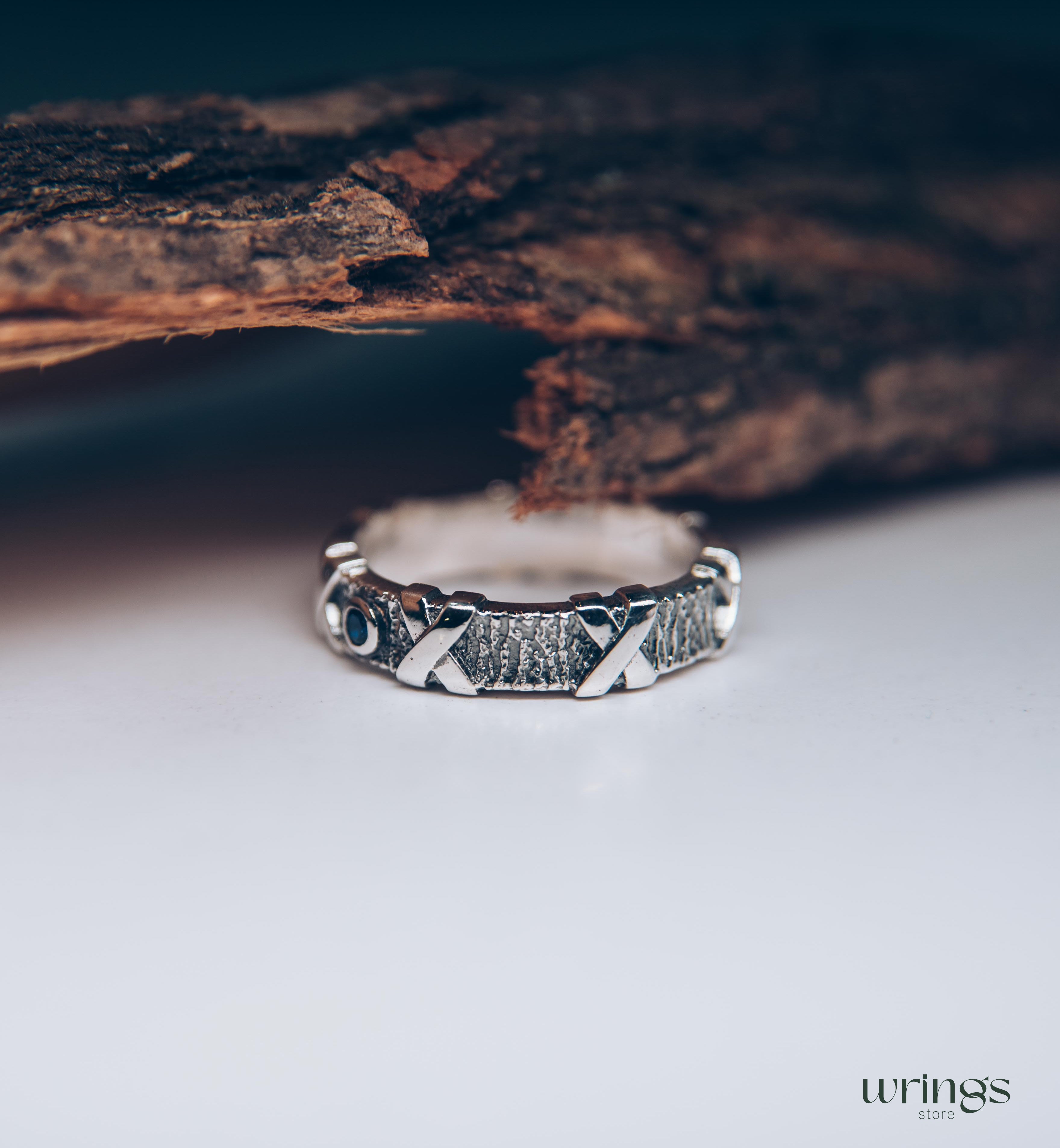 Nature Silver Band Ring with Cross & Natural Sapphire