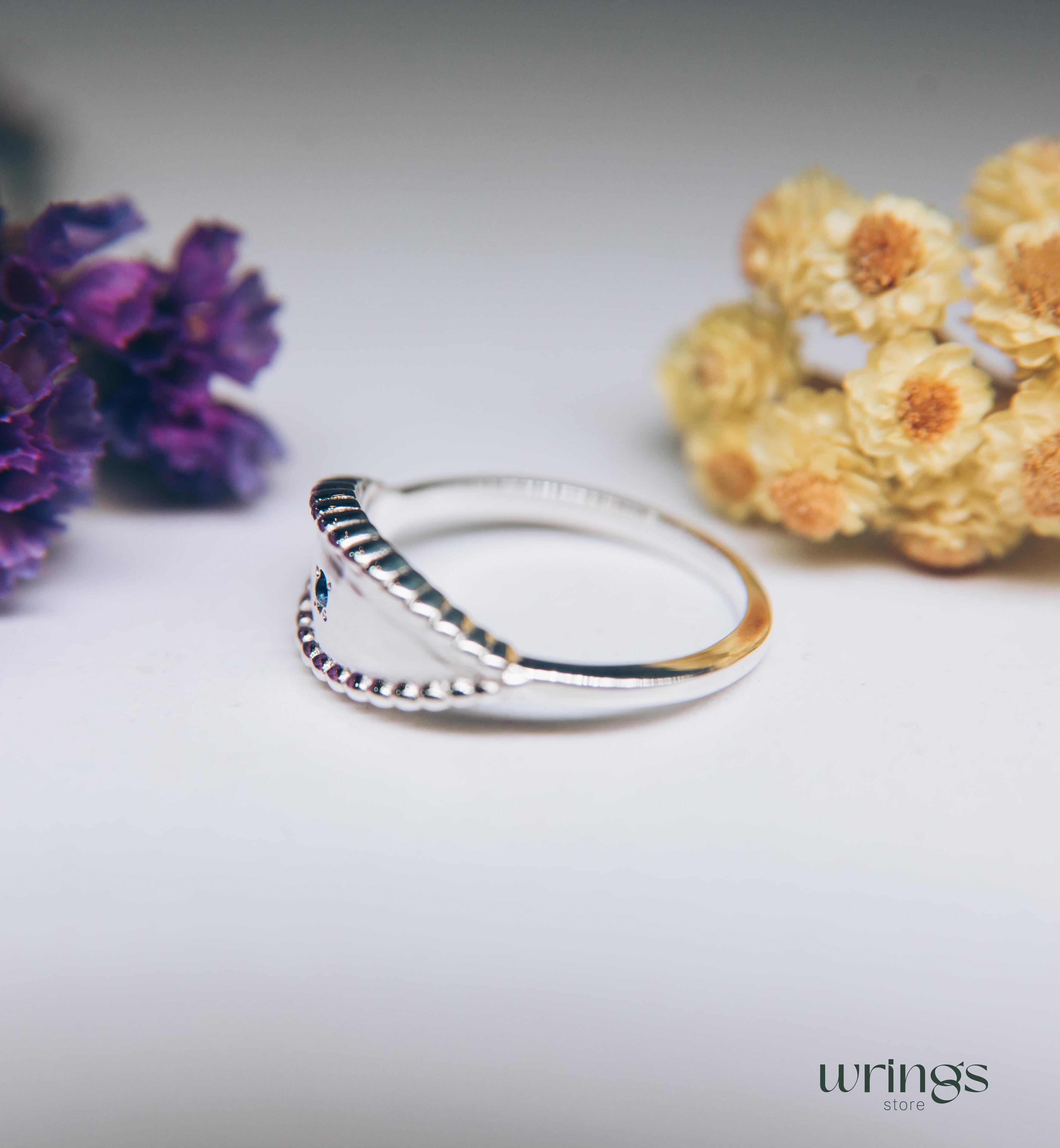 Silver Beaded Spoon Ring with Natural Blue Sapphire