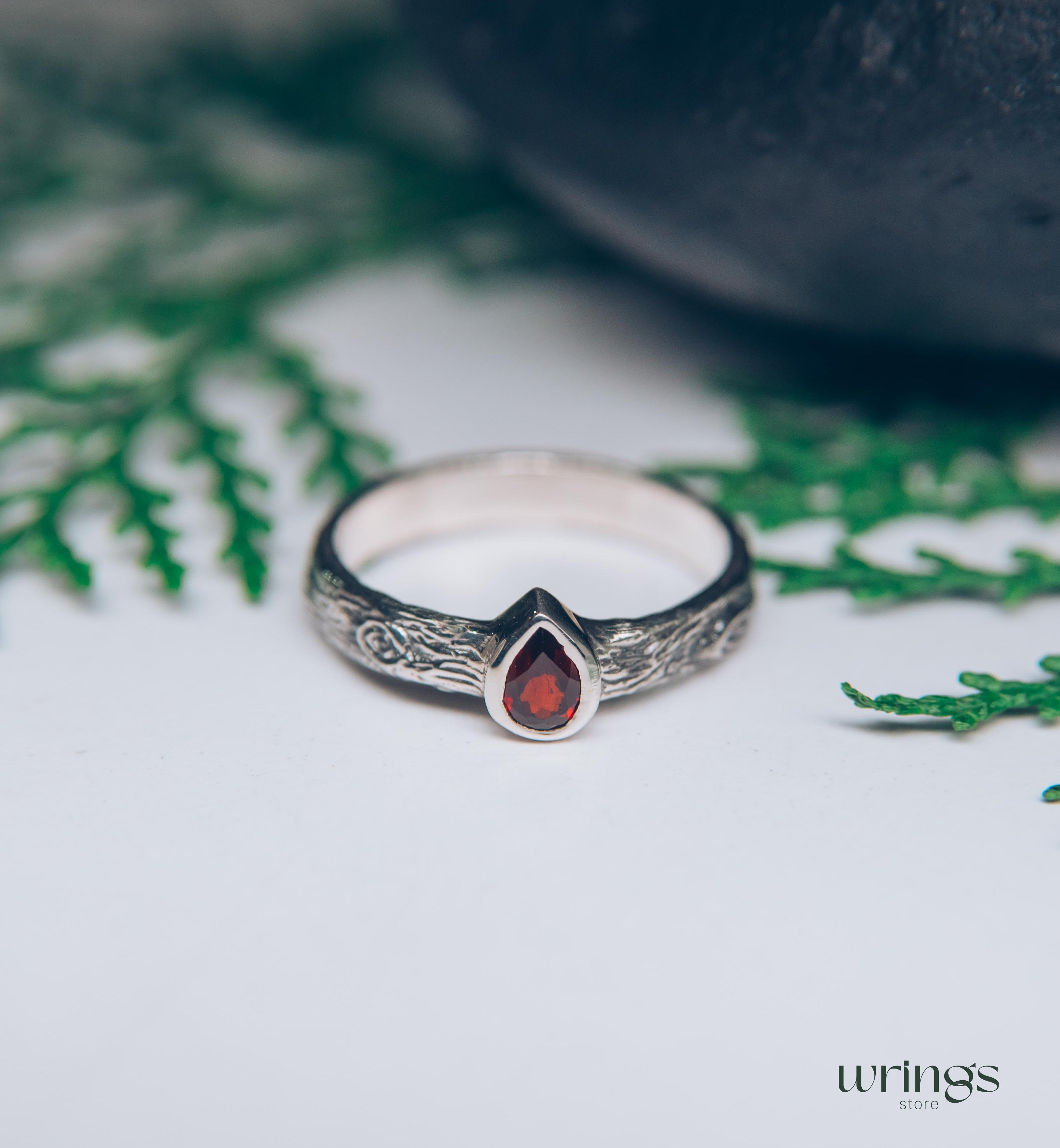 Pear cut Garnet Ring with Sterling Silver Tree bark