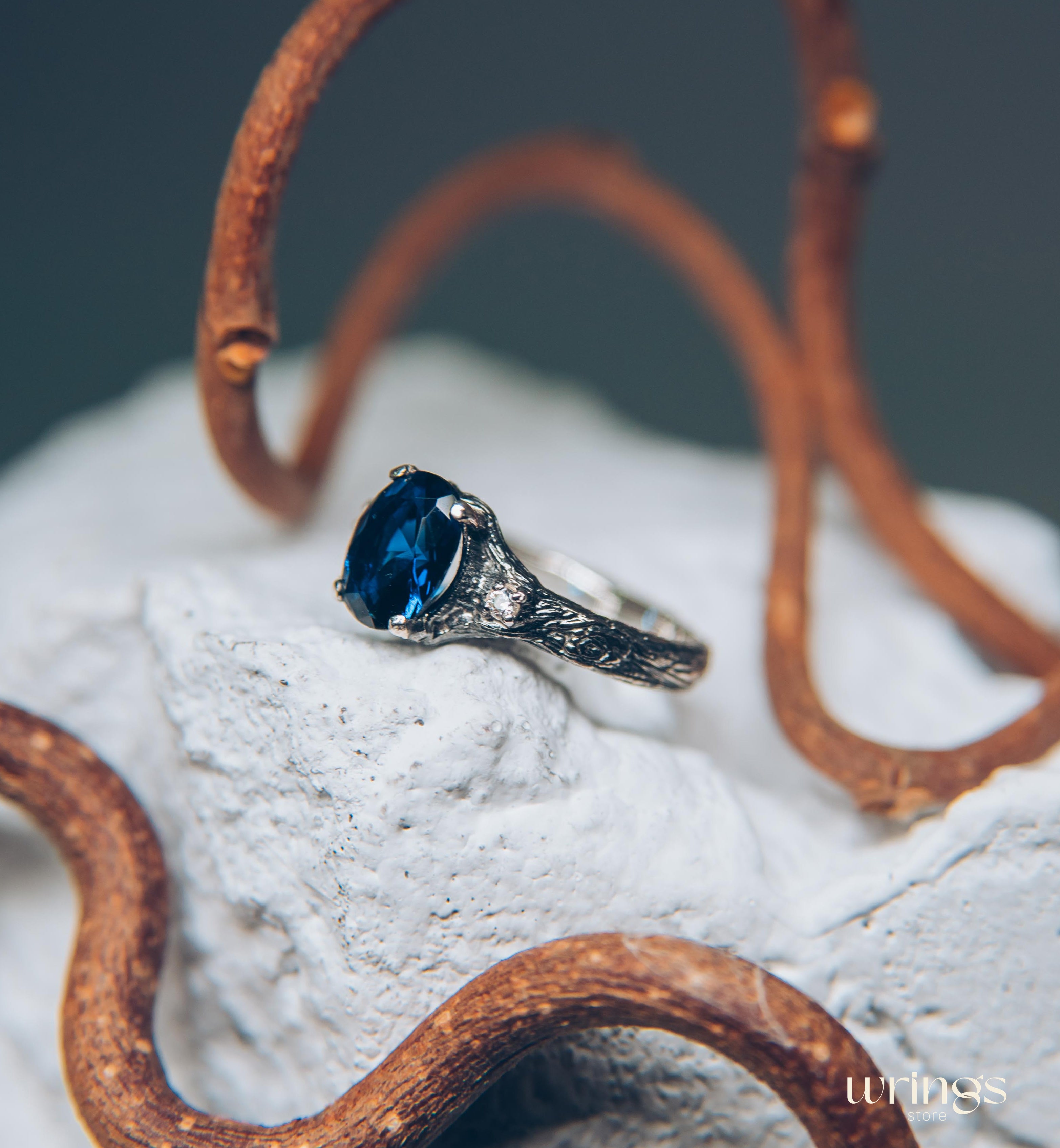 Oval Sapphire with Twig Ring made in Sterling Silver