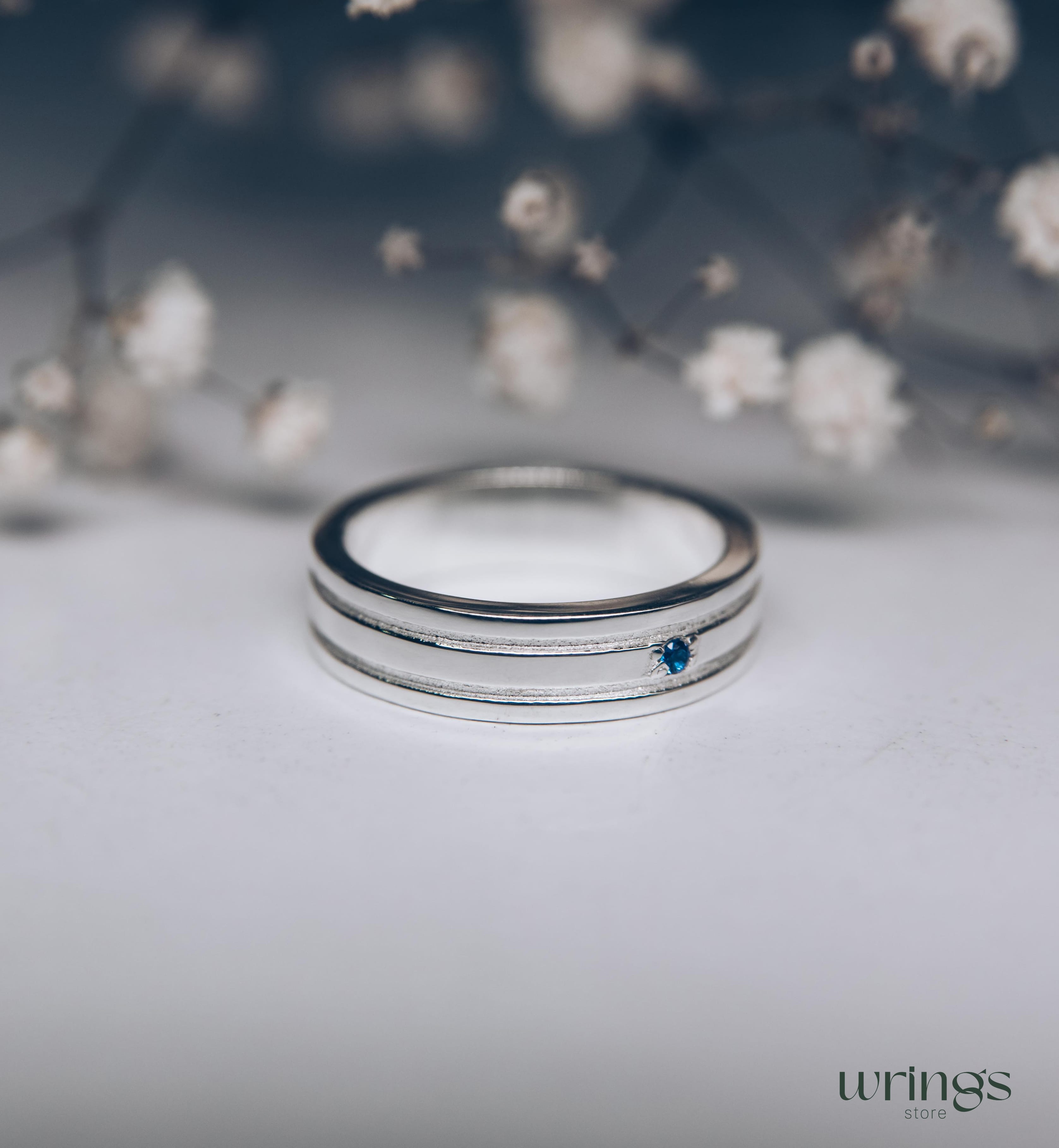 Womens Engraved Silver Wedding Band with Sapphire