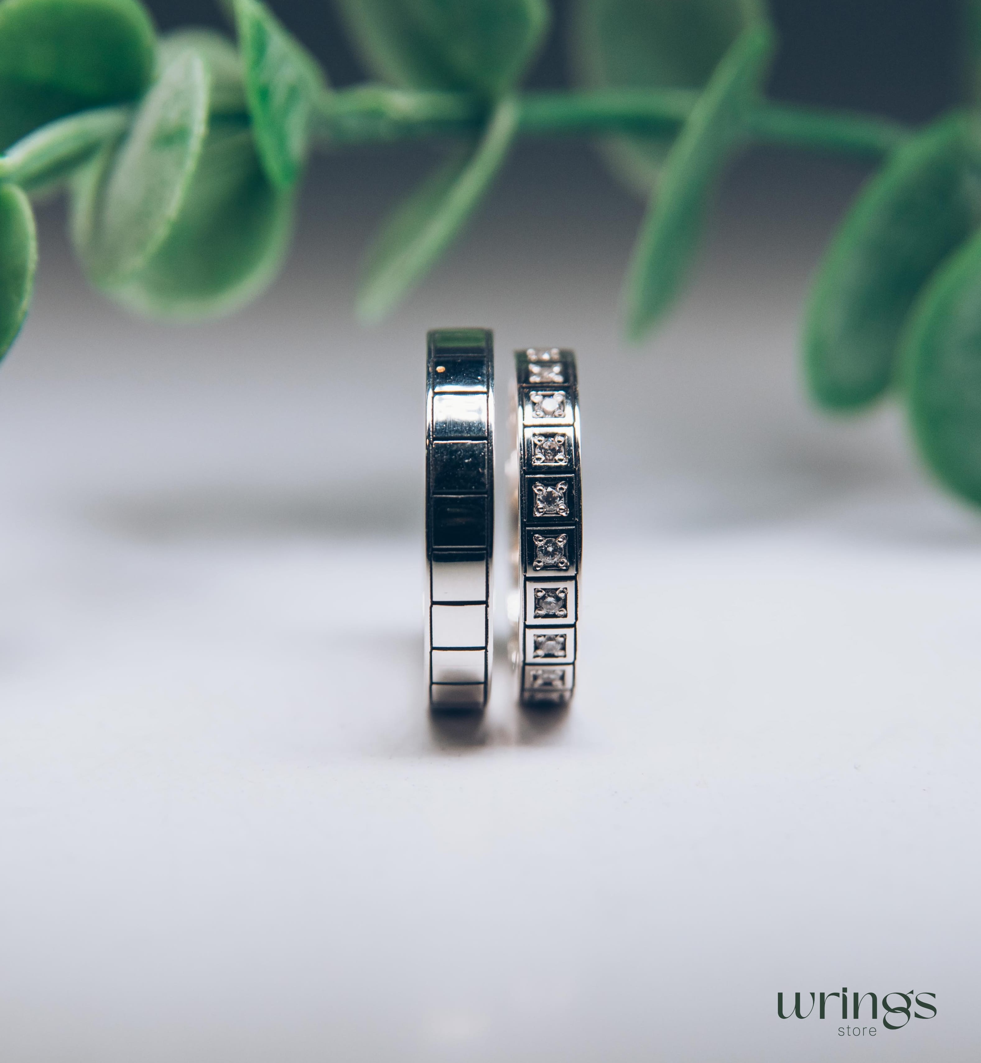 Silver Geometric Wedding Bands Set Eternity Gemstones