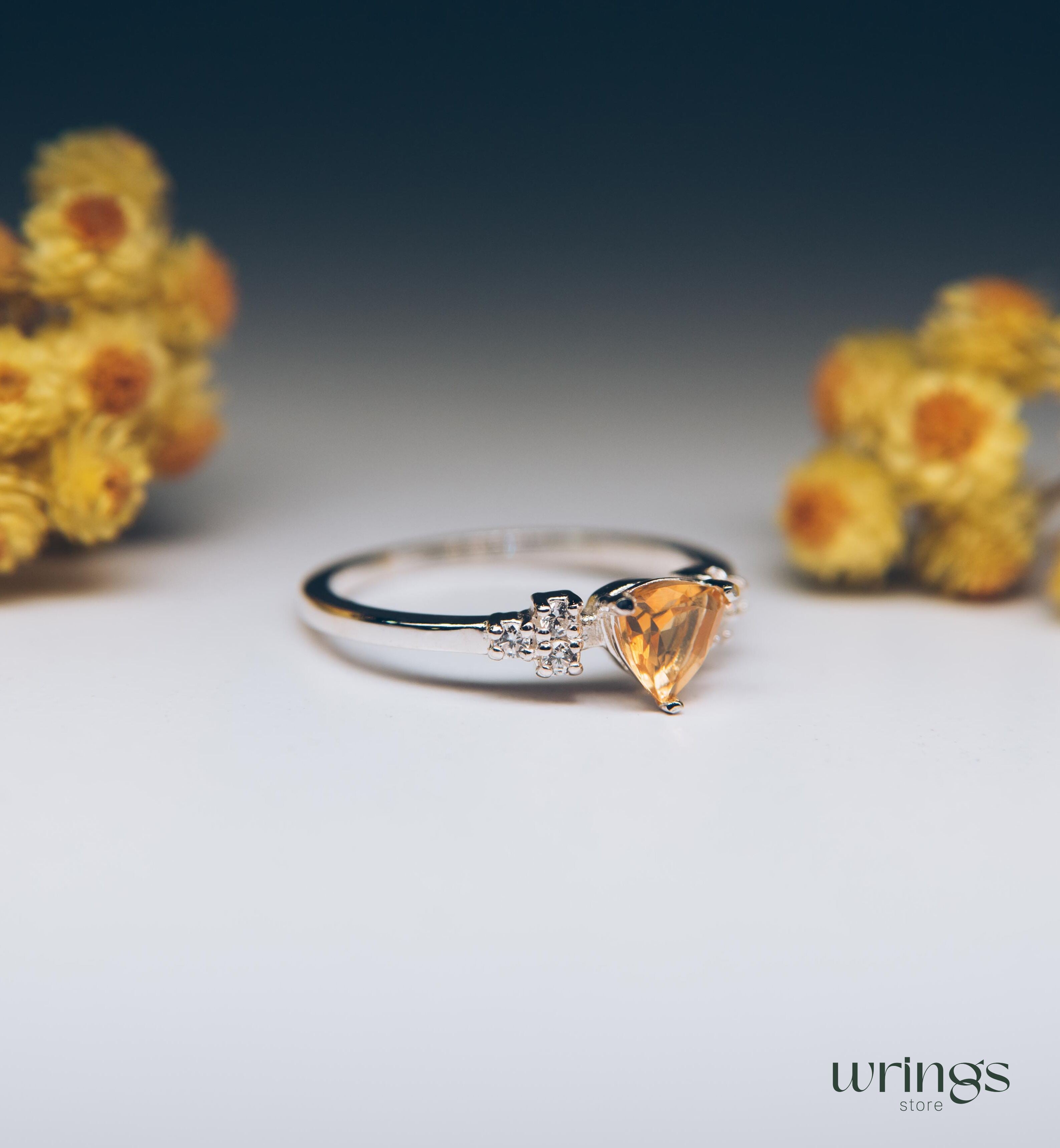 Central Trillion Citrine Cluster Engagement Ring Silver