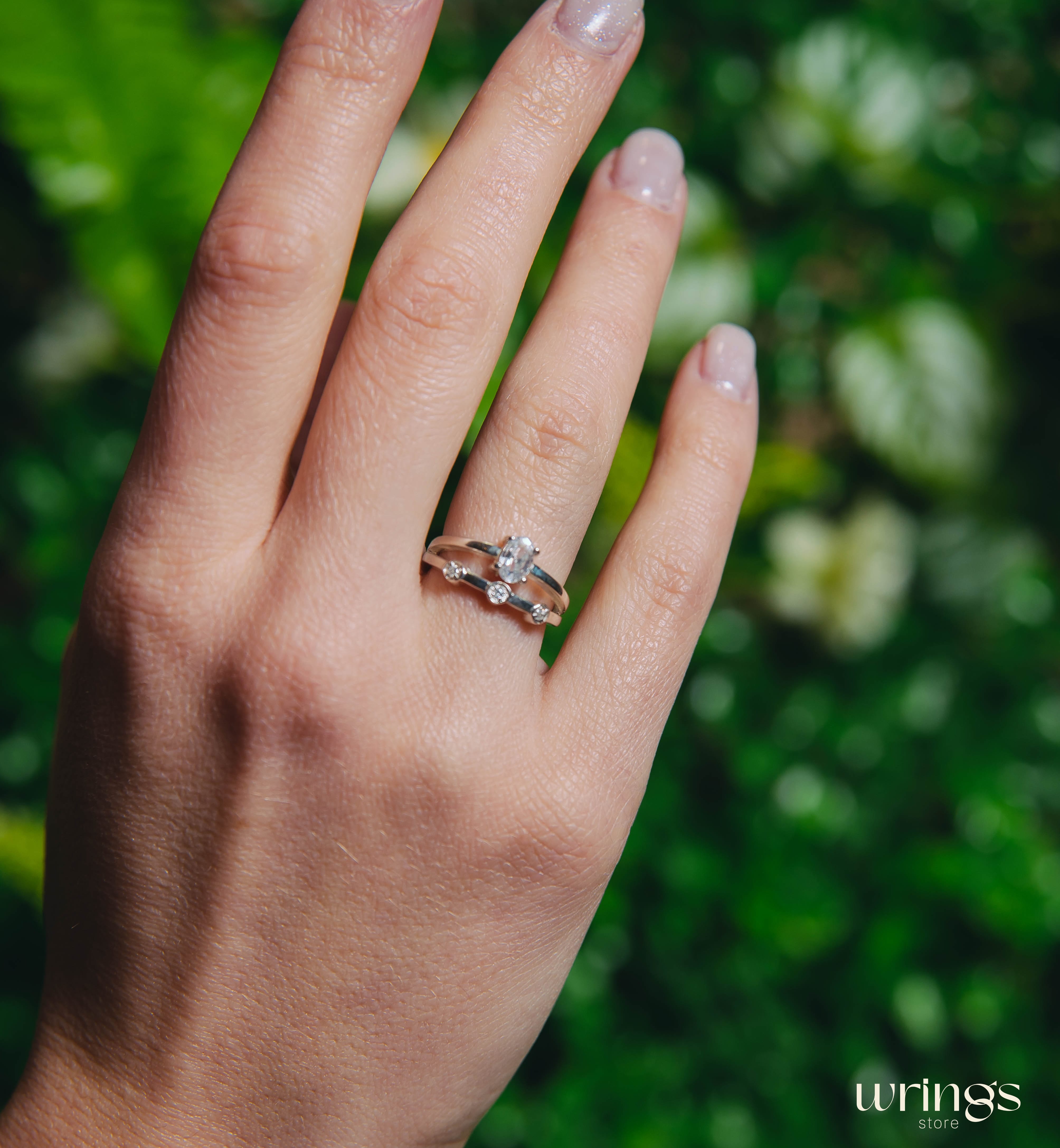 Oval Diamond CZ Double Engagement Ring Band Side Stones