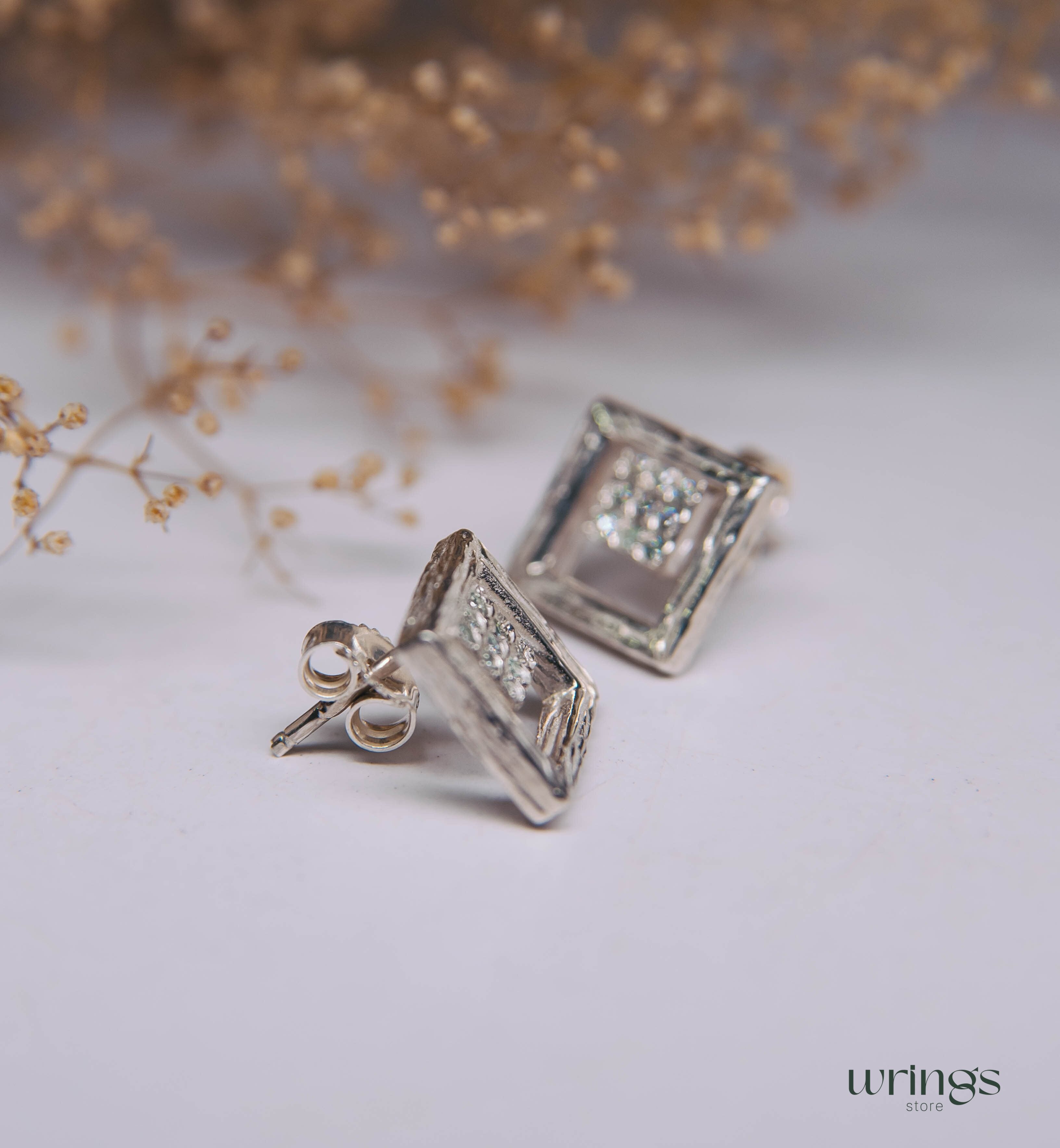 Open Square Shape Tree Silver Stud Earrings with Topaz