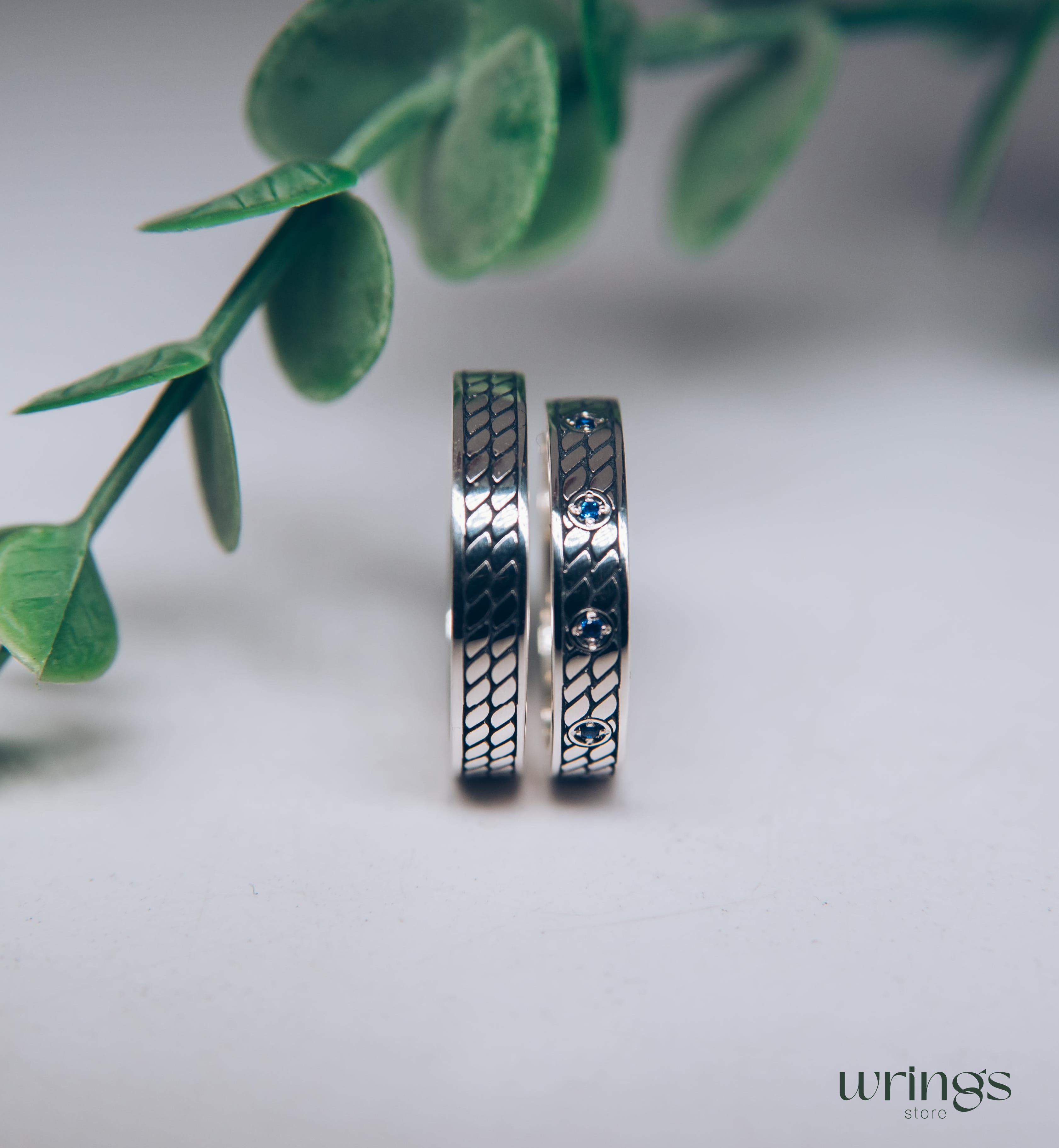 Couple Wedding Bands with Sapphire & Embossed Design