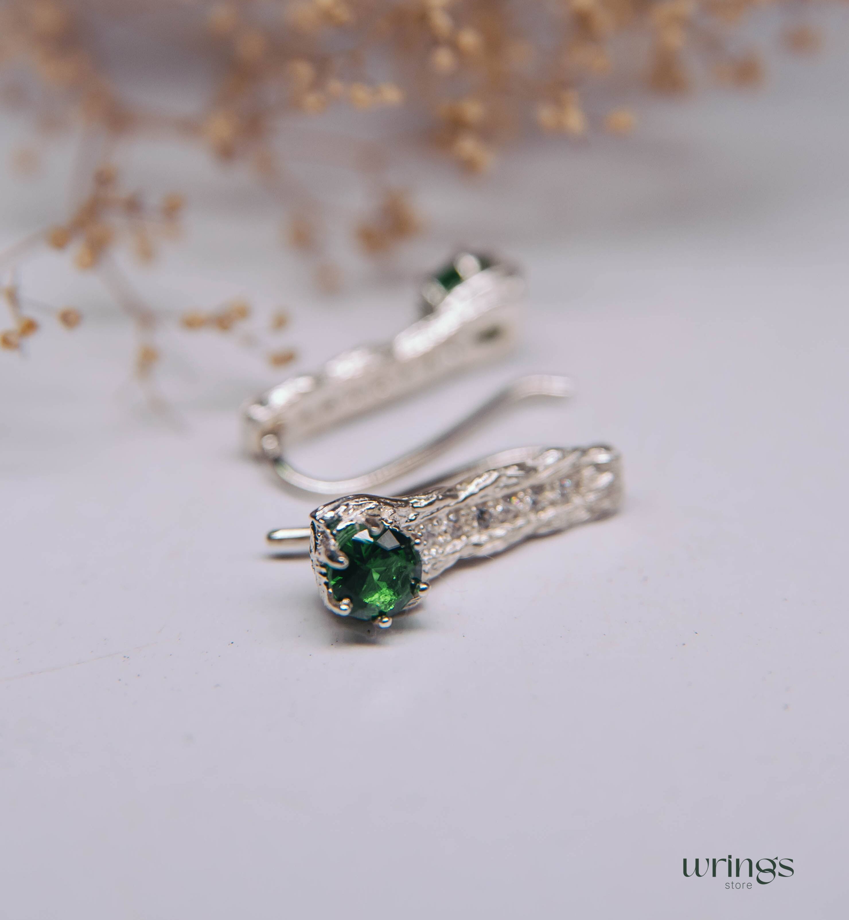 Tree Bark Silver Drop Earrings with Emerald and CZ
