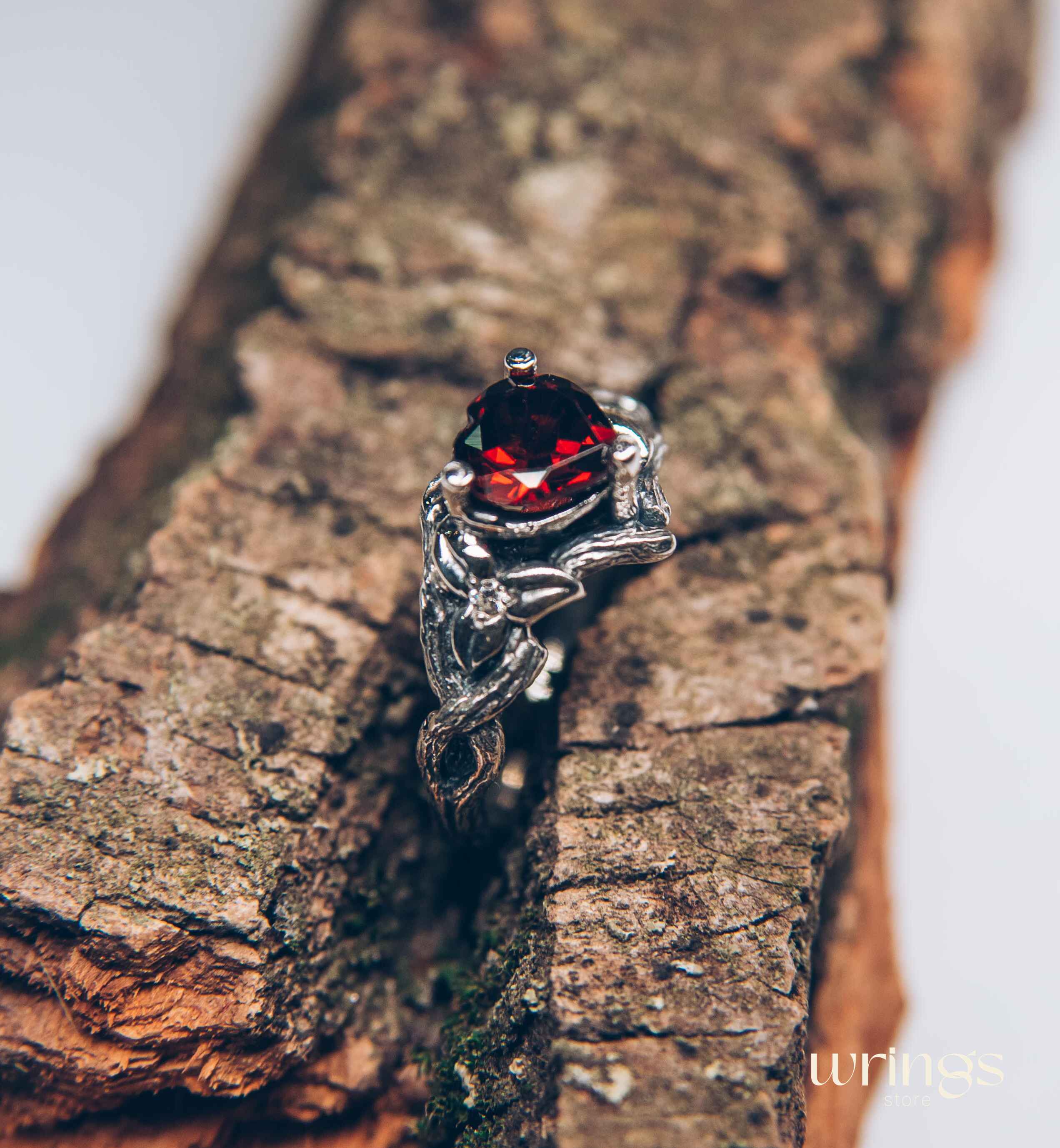 Heart Shaped Garnet Branch Engagement Ring with Leaves