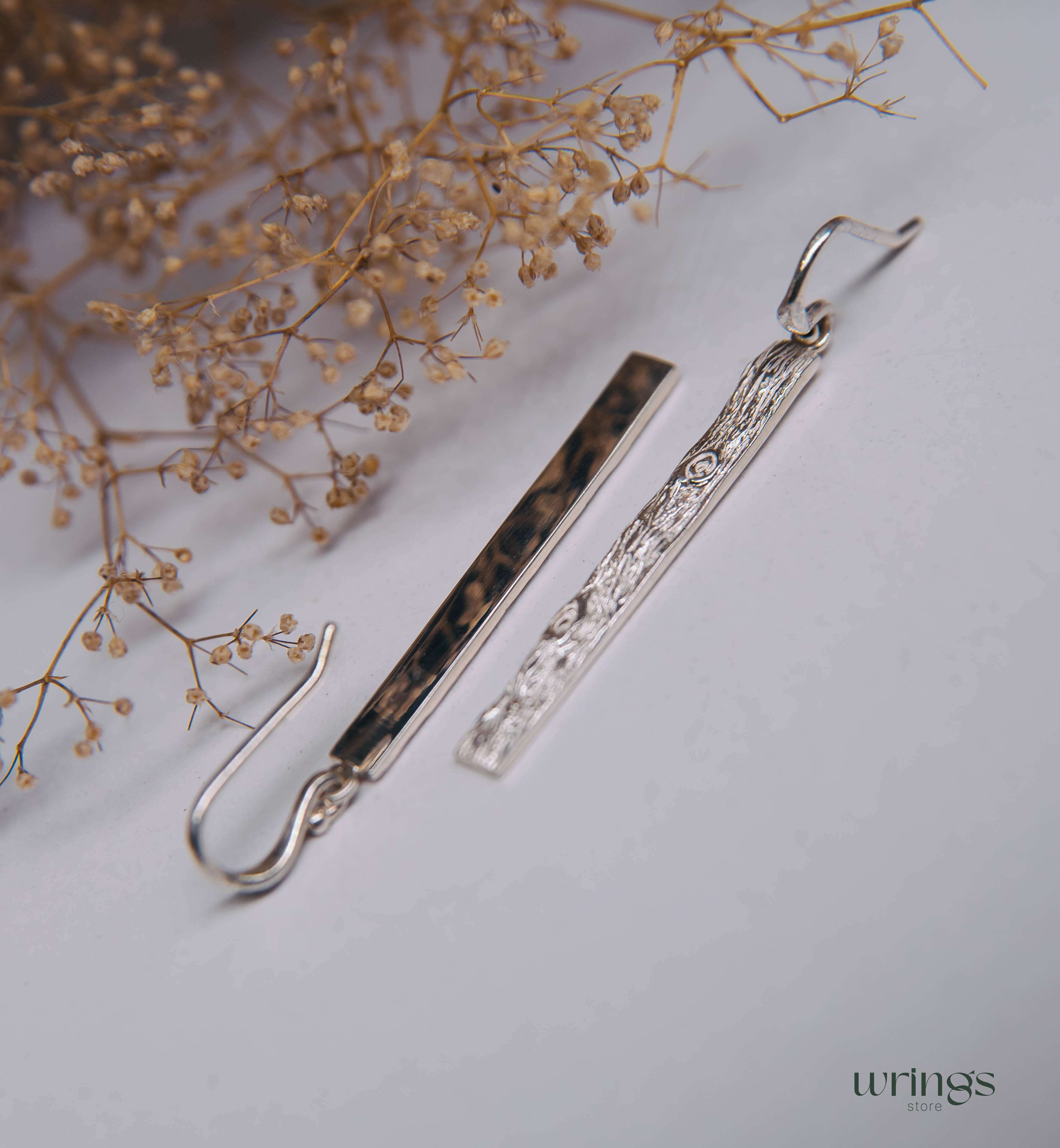 Long Tree Bark Drop Earrings Silver Rustic Naturalist