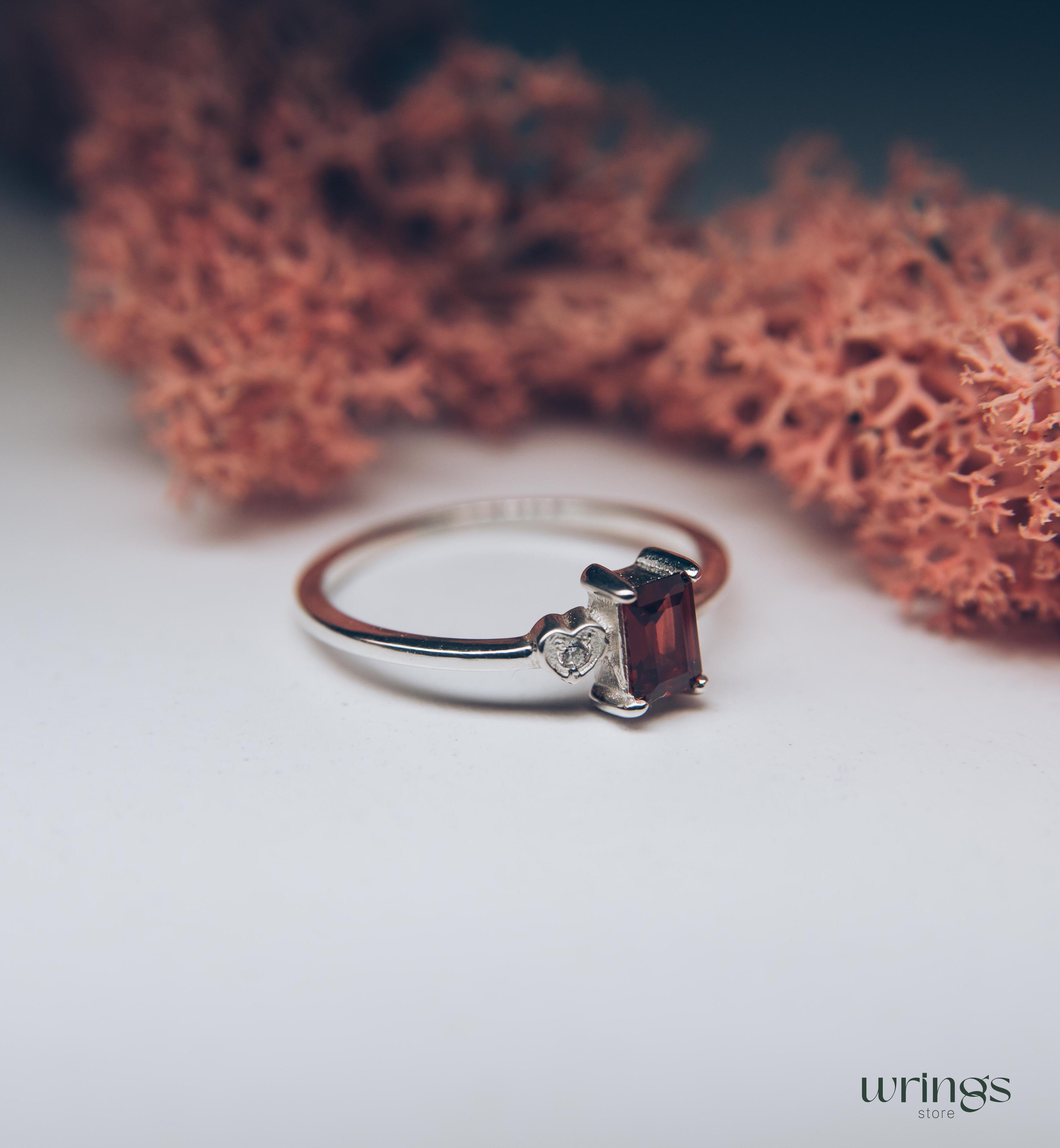 Silver Garnet Engagement Ring & Side Stone CZ in Heart