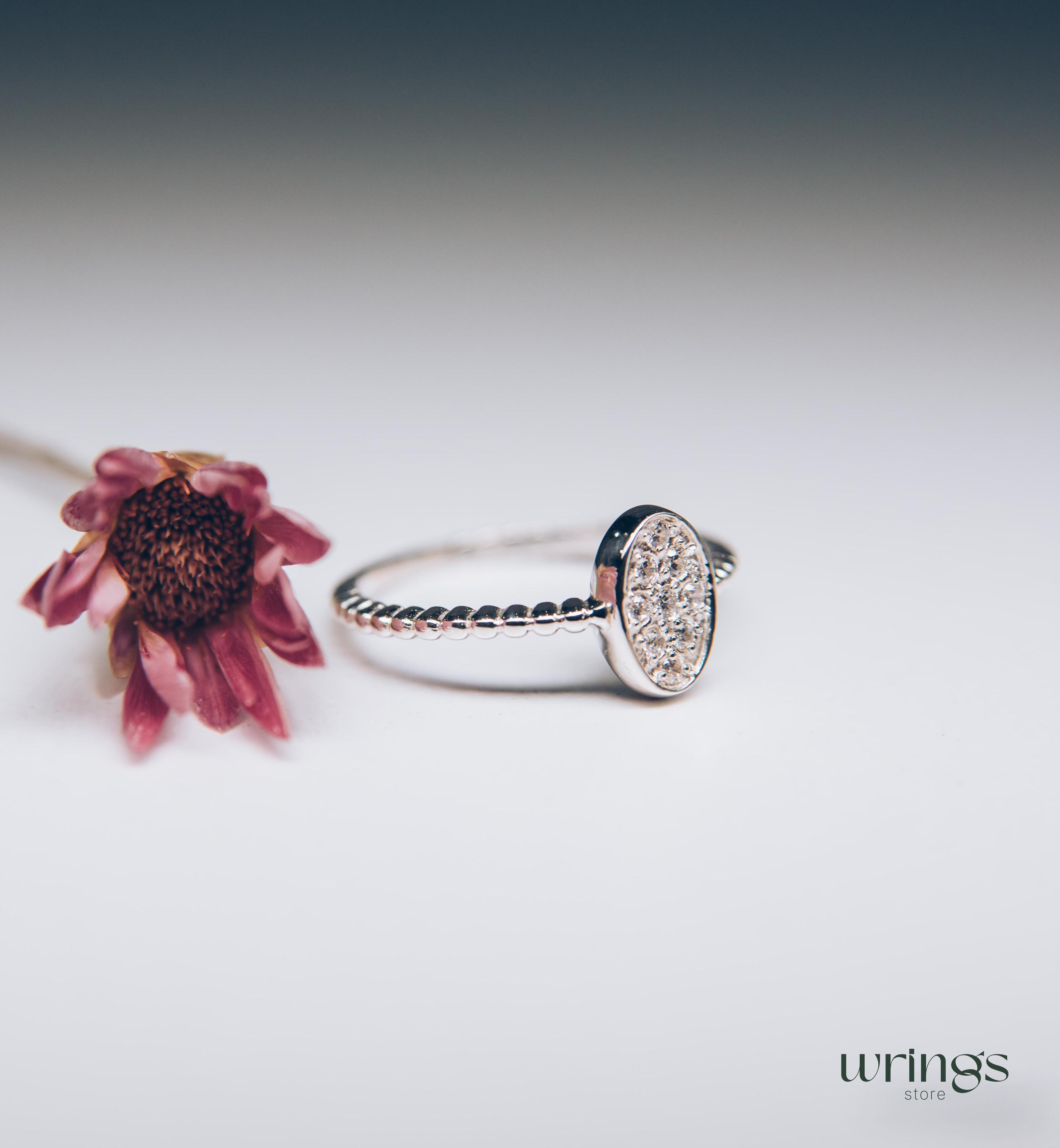 Pave Style Diamonds Bubble Oval Ring Silver