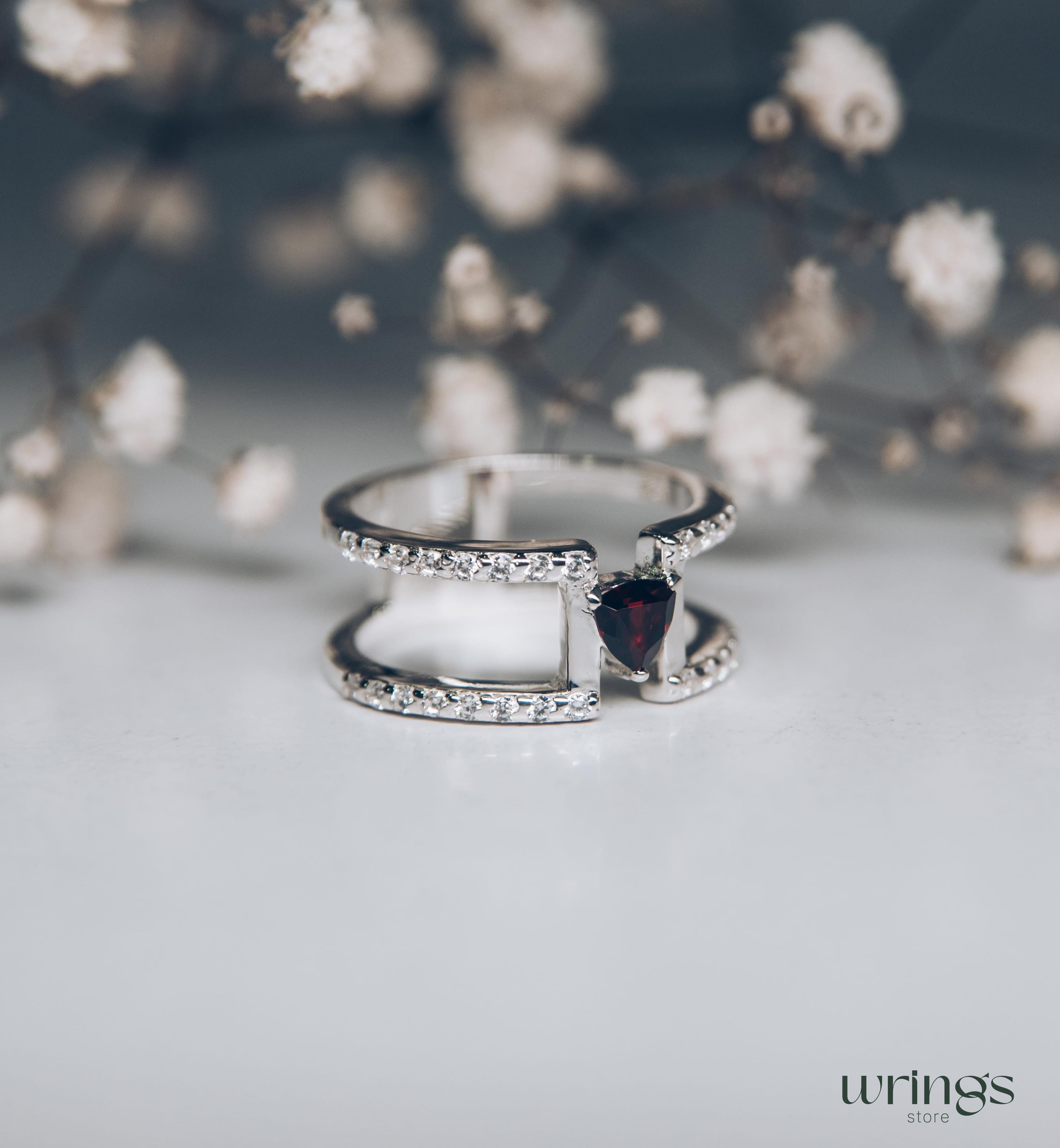Trillion Garnet Unique Double Engagement Ring CZ Stones