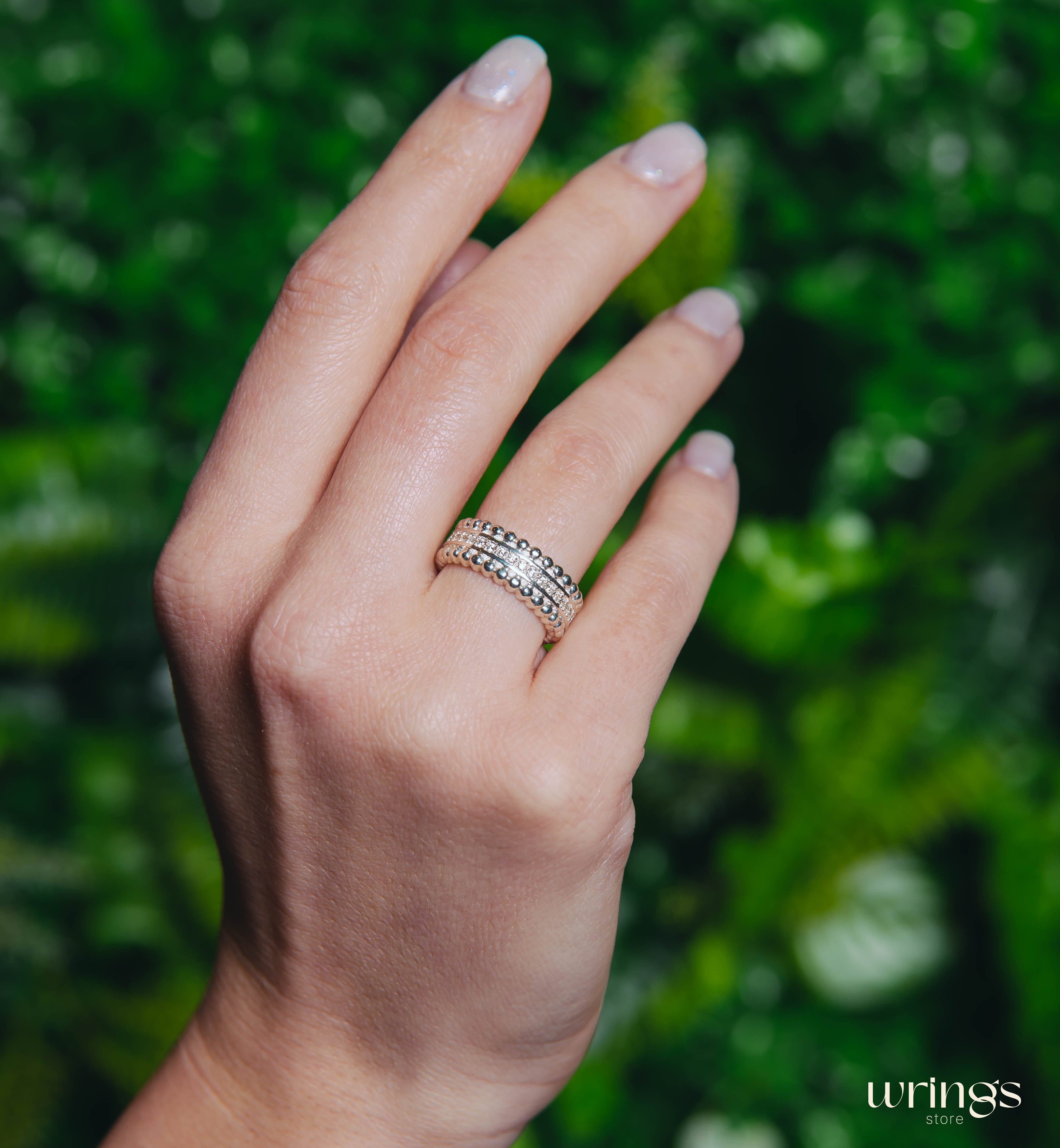 Unique Beaded Silver Half Eternity Band with Diamonds