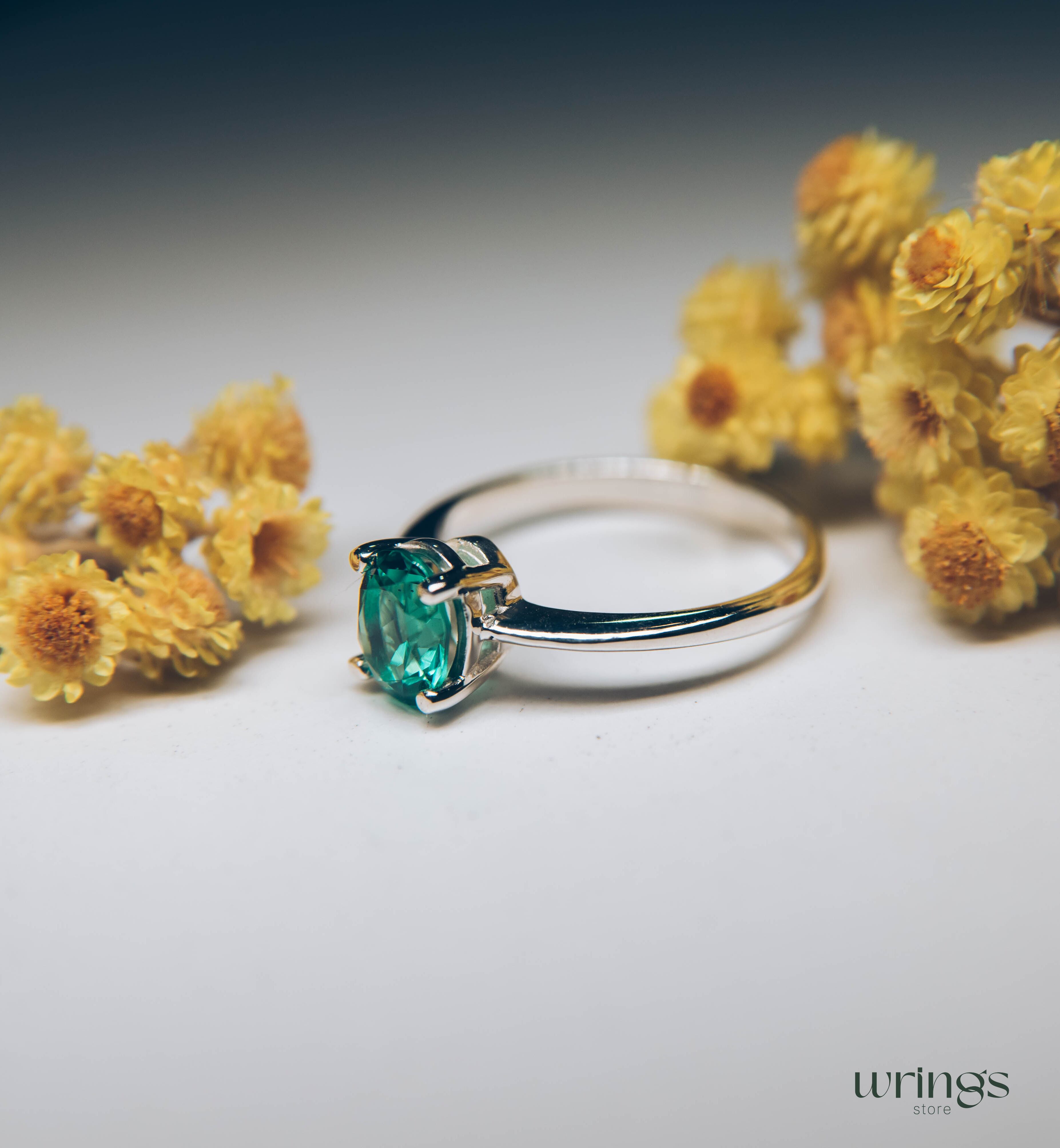 Big Oval Green Quartz Classic Solitaire Engagement Ring