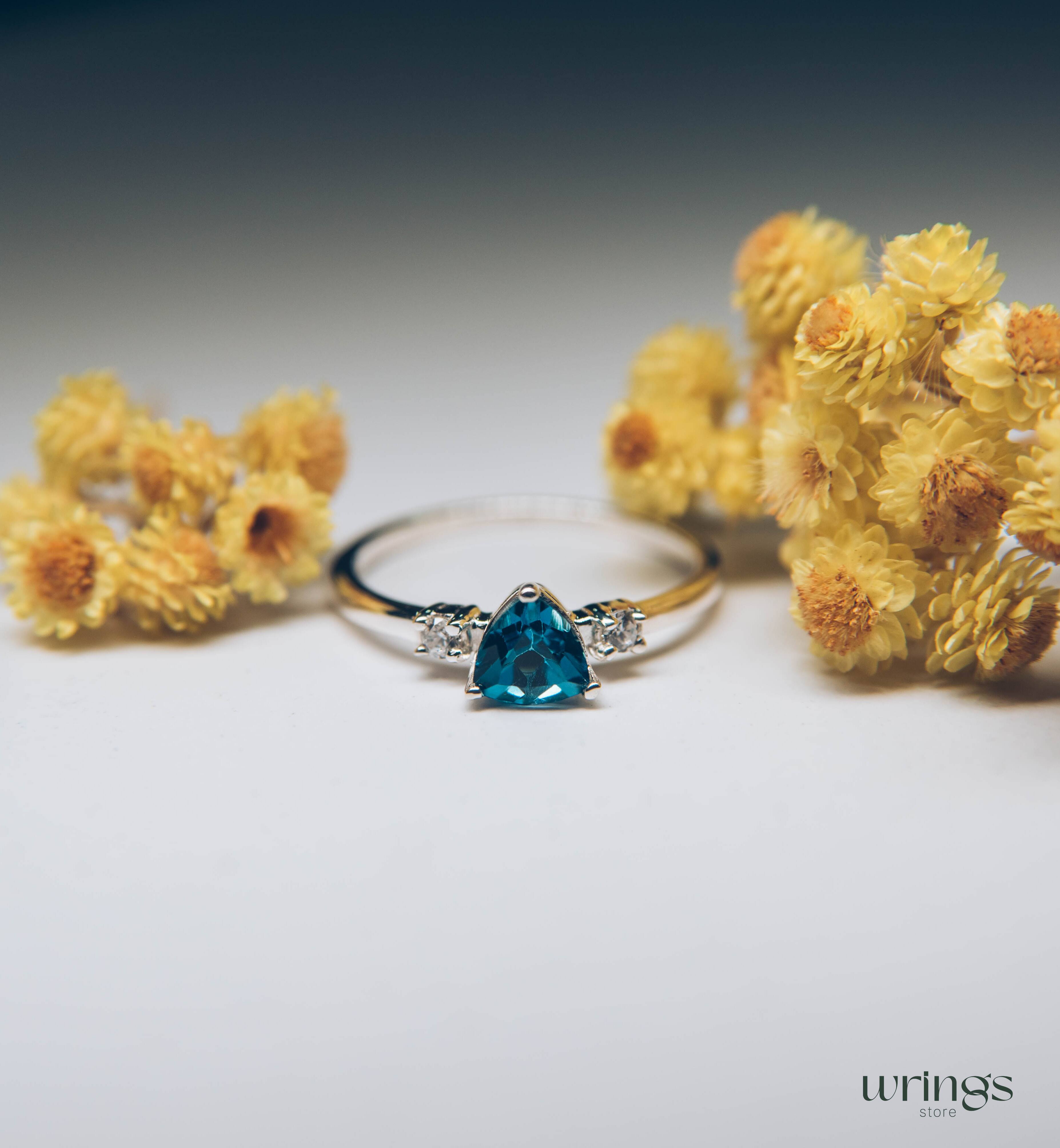 Shiny Trillion Topaz Silver 3 Stone Engagement Ring