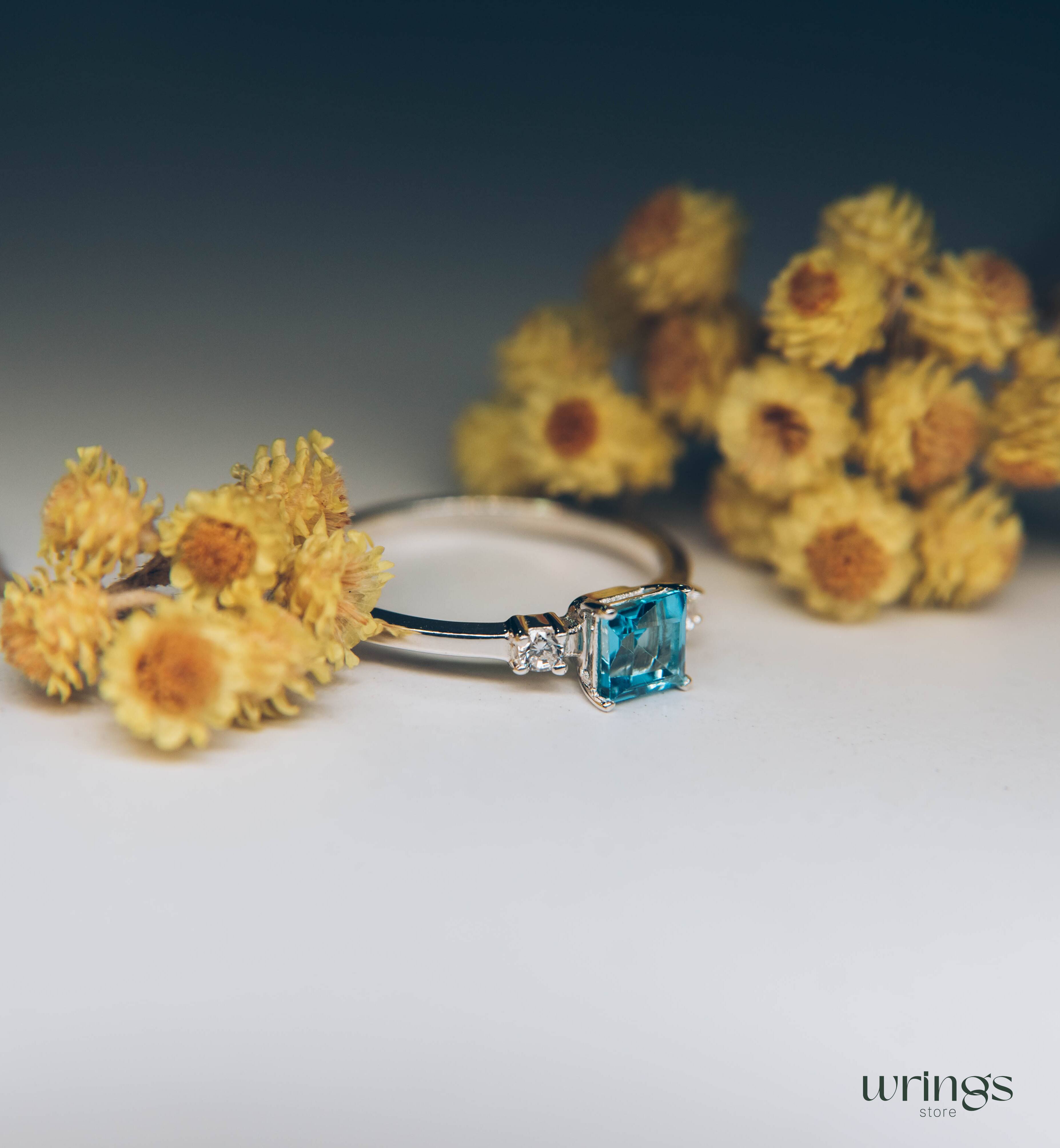 Square Swiss Topaz 3 Stone Engagement Ring Silver