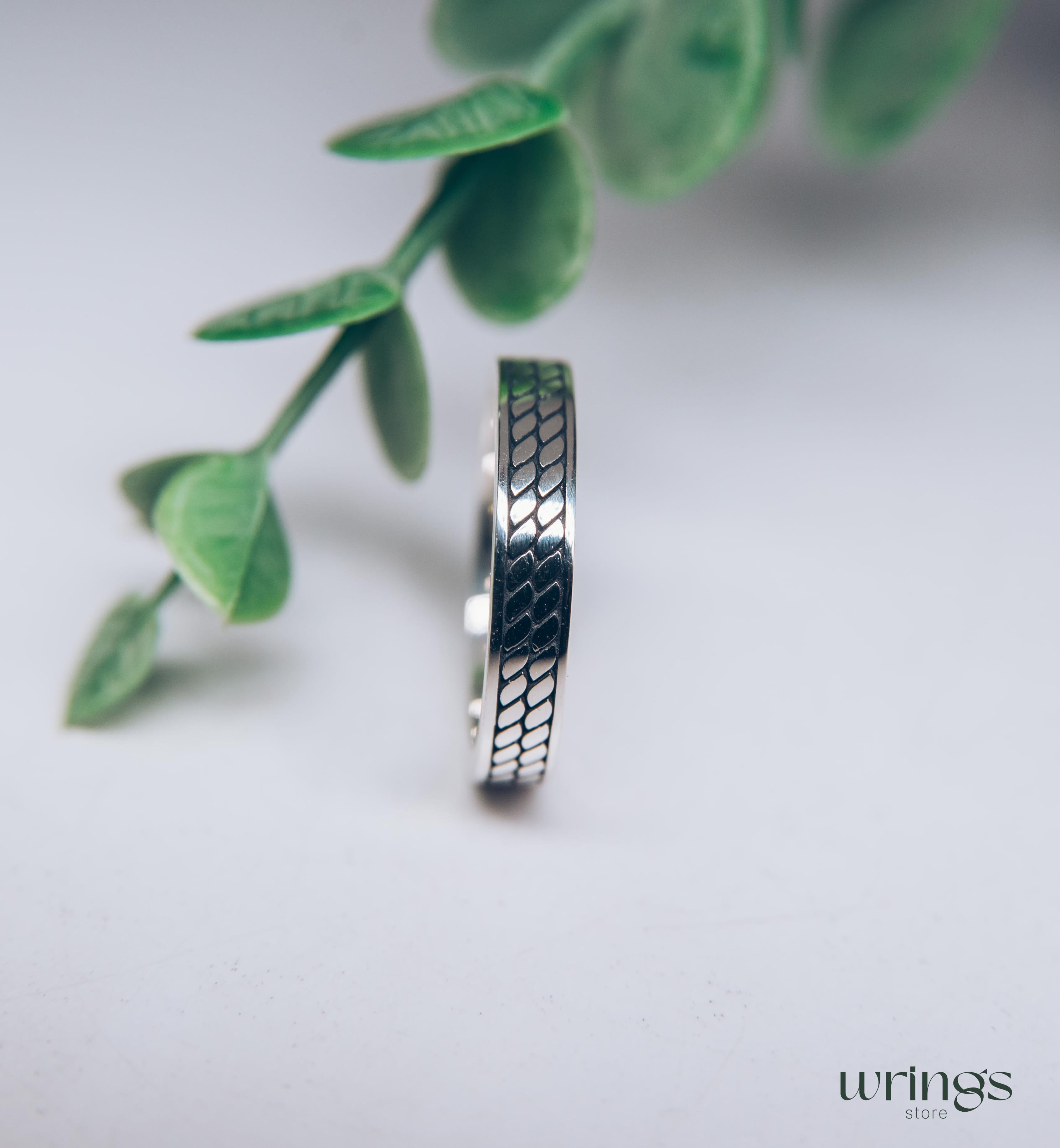 Mens Silver Ring Minimalist Engraved Cobblestone Design