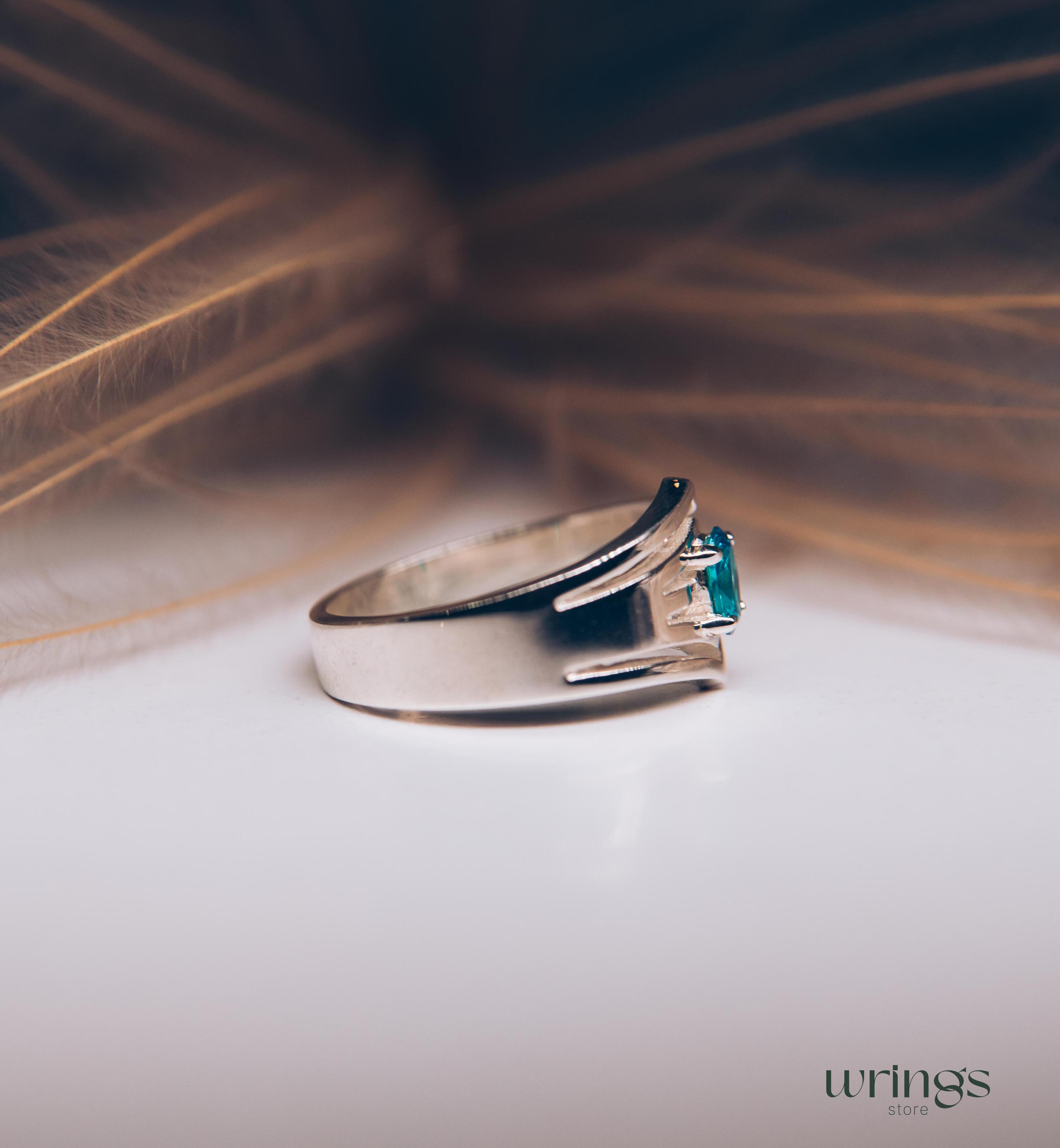 Double V-shaped Cocktail Oval Blue Topaz Ring Silver