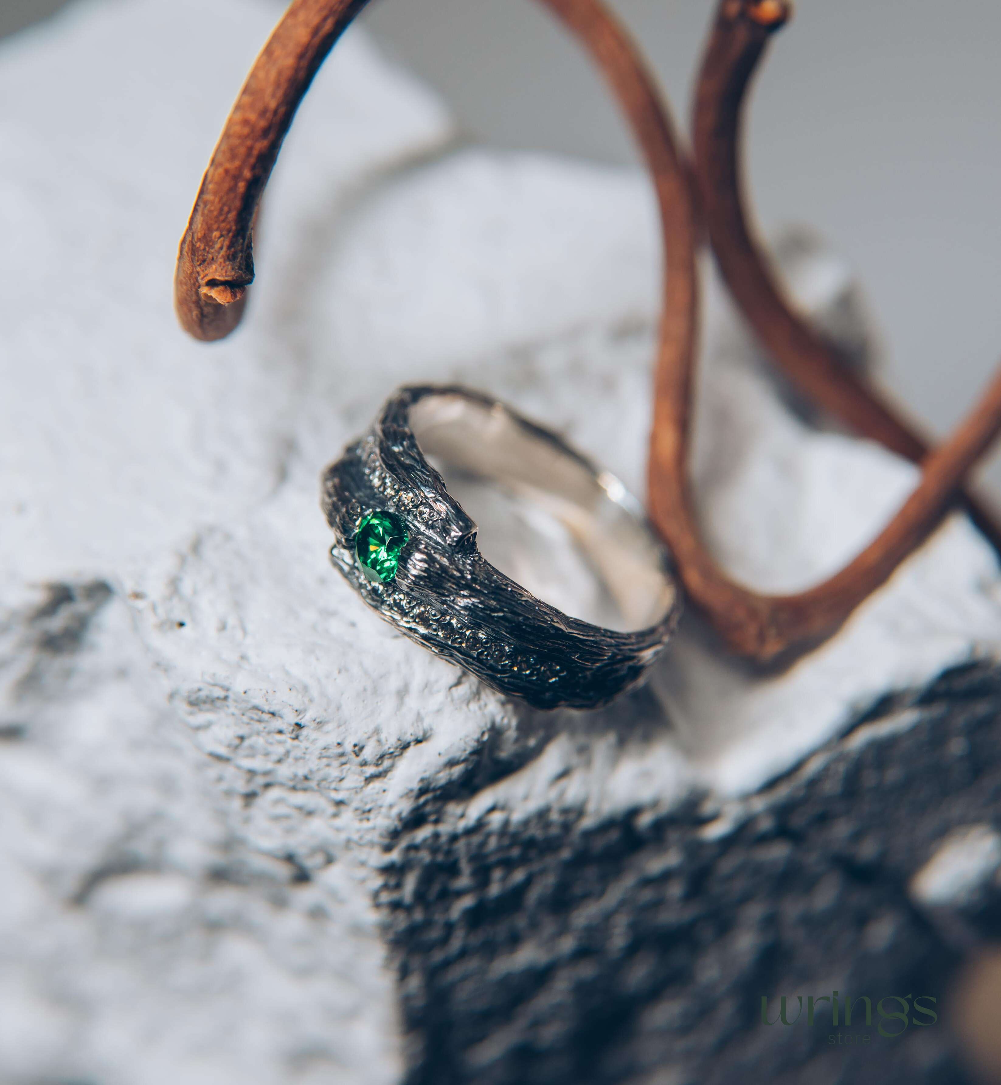 Wide Silver Branch Ring with Magic Emerald & Side CZ