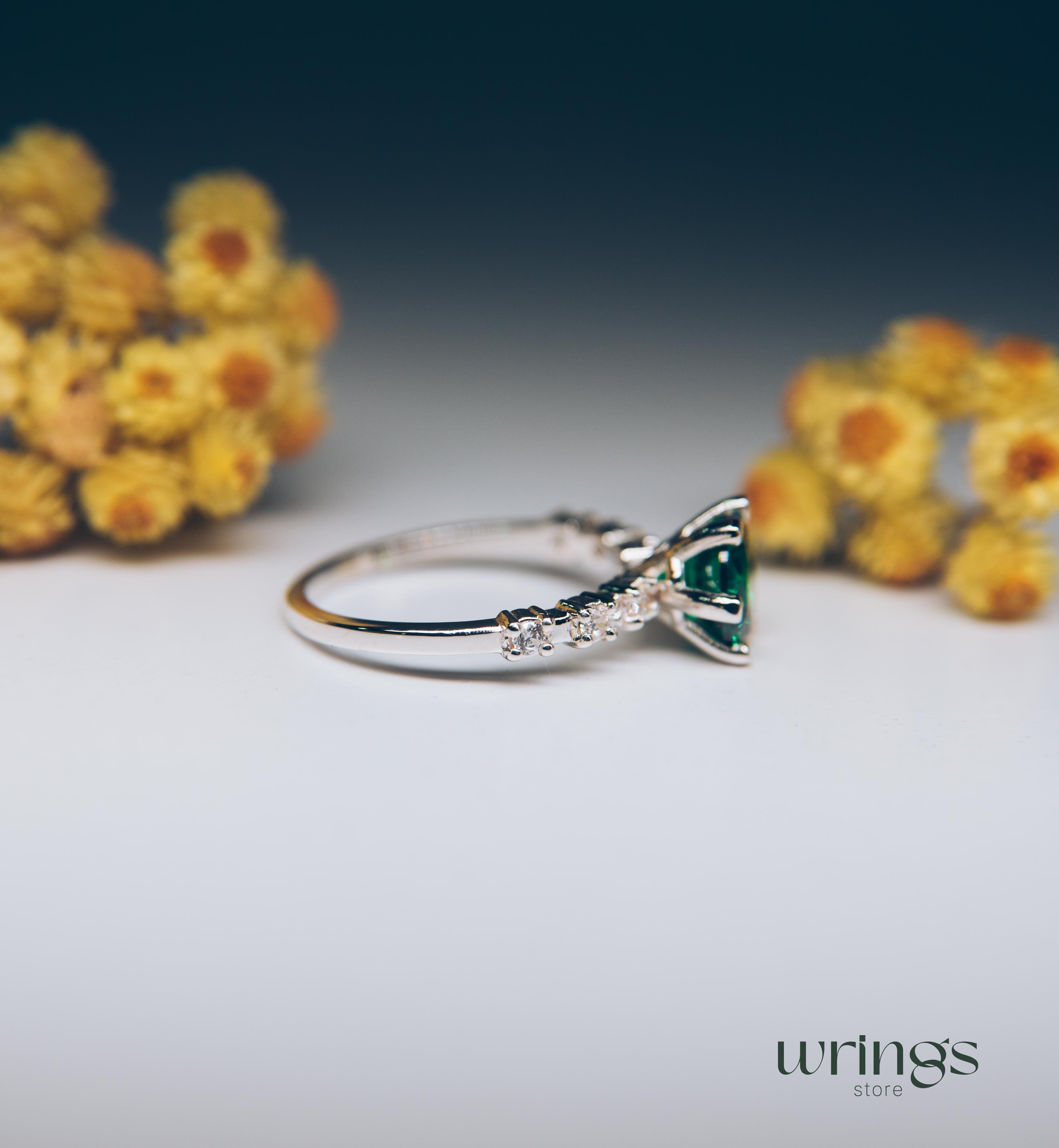 Large Green Stone & CZ Unique Silver Engagement Ring