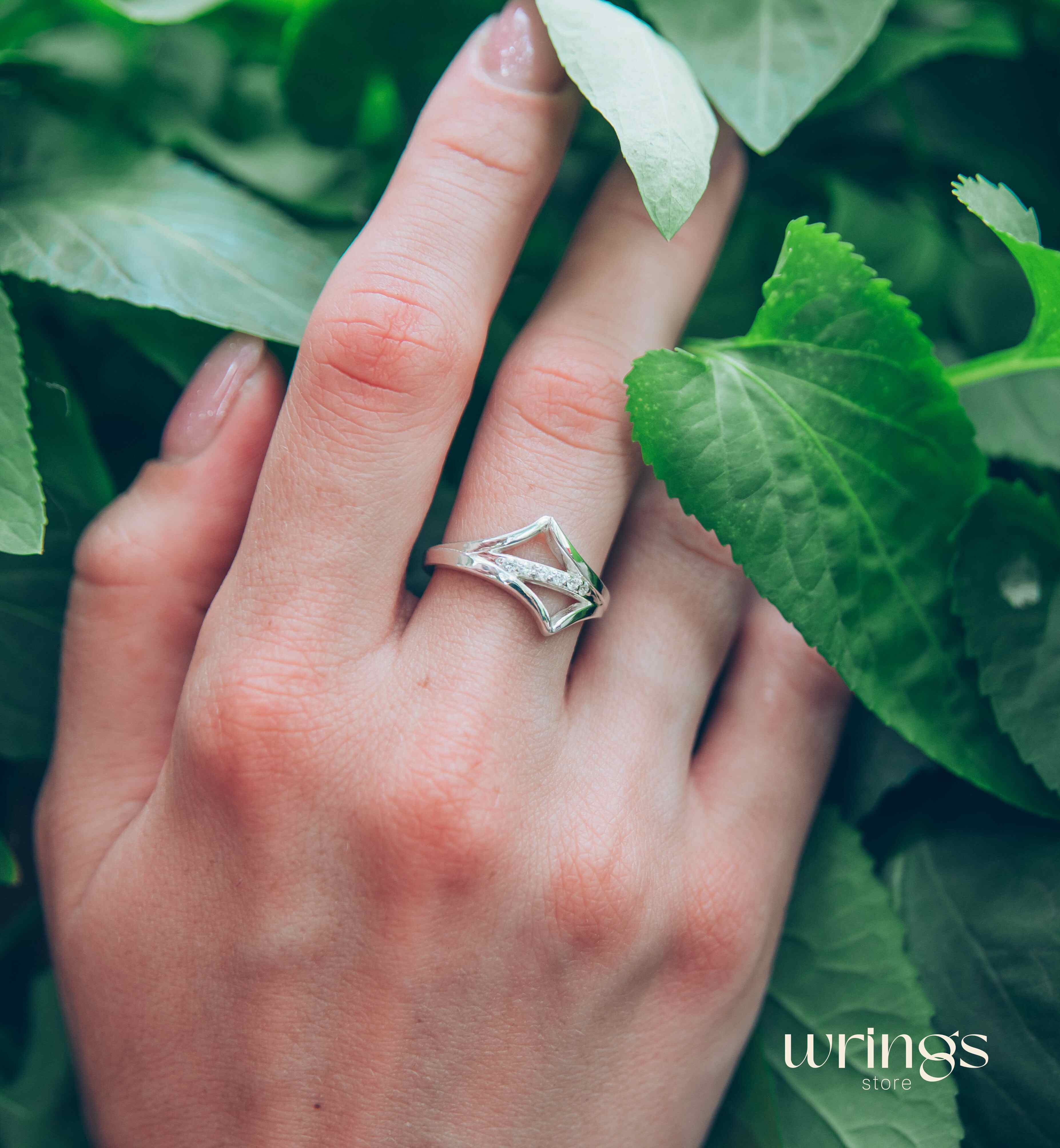 Double Chevron Diamond Wedding Ring Silver Geometric