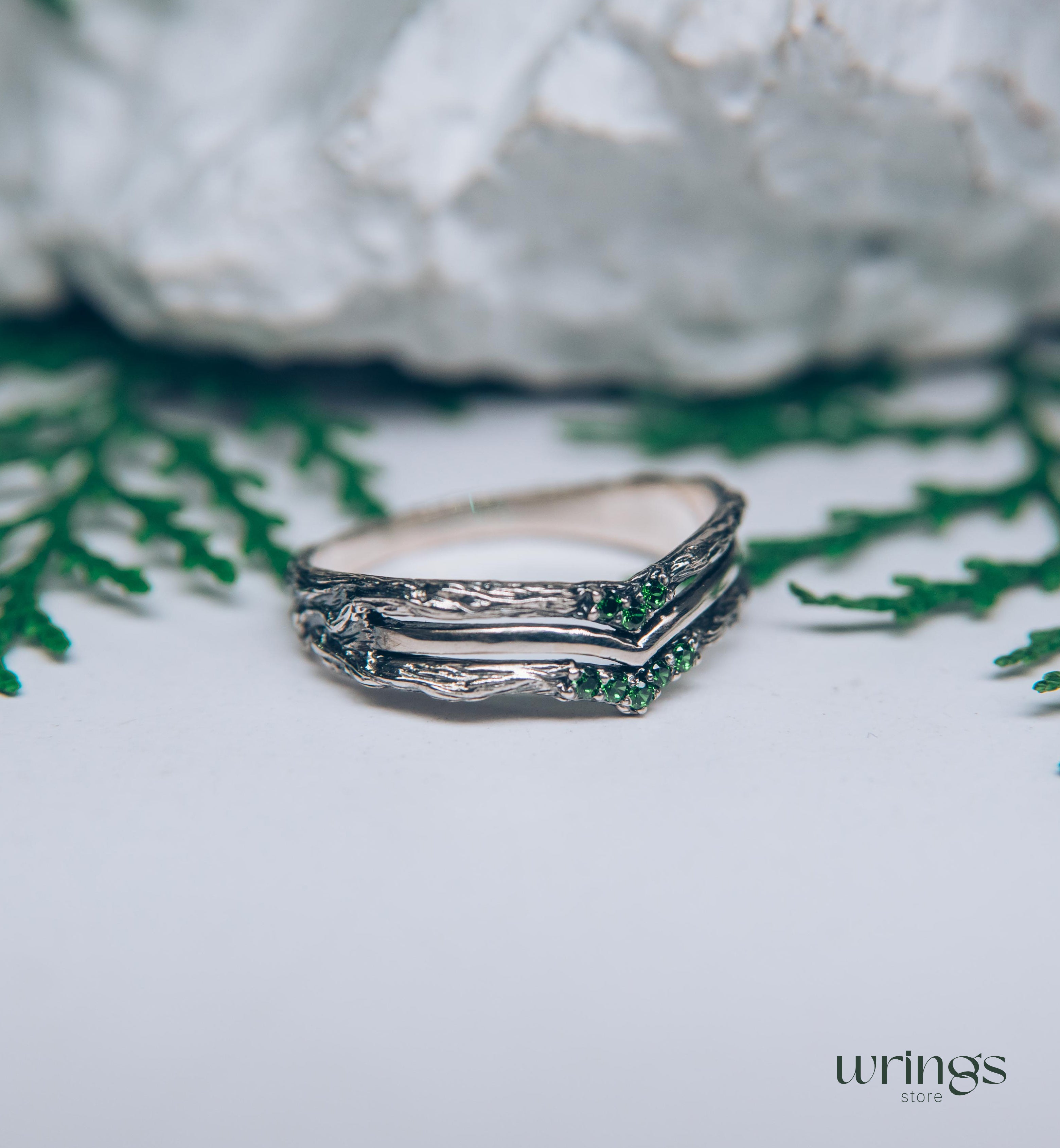 Silver Chevron Wedding Ring with Cute Tiny Emeralds