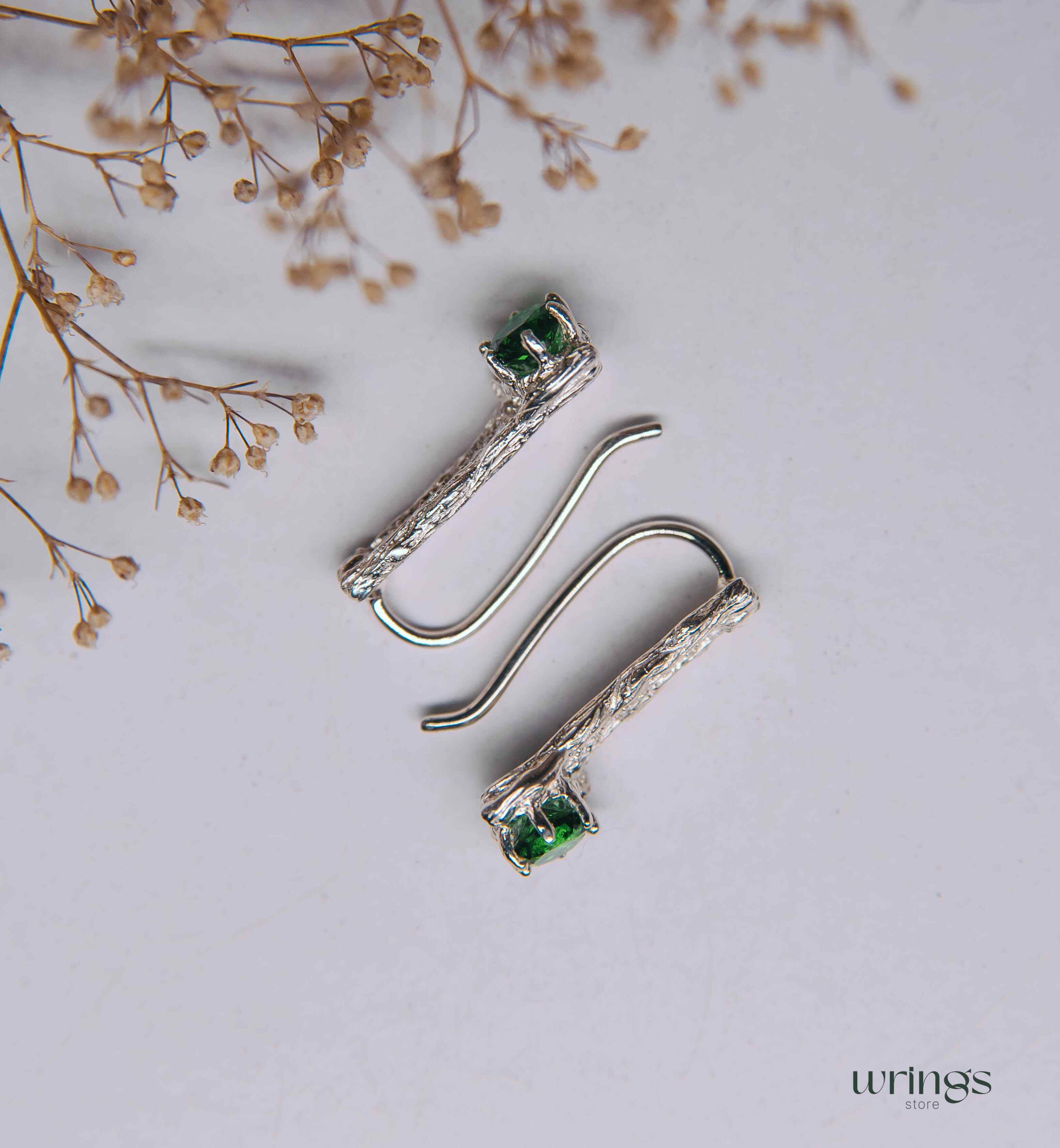 Tree Bark Silver Drop Earrings with Emerald and CZ