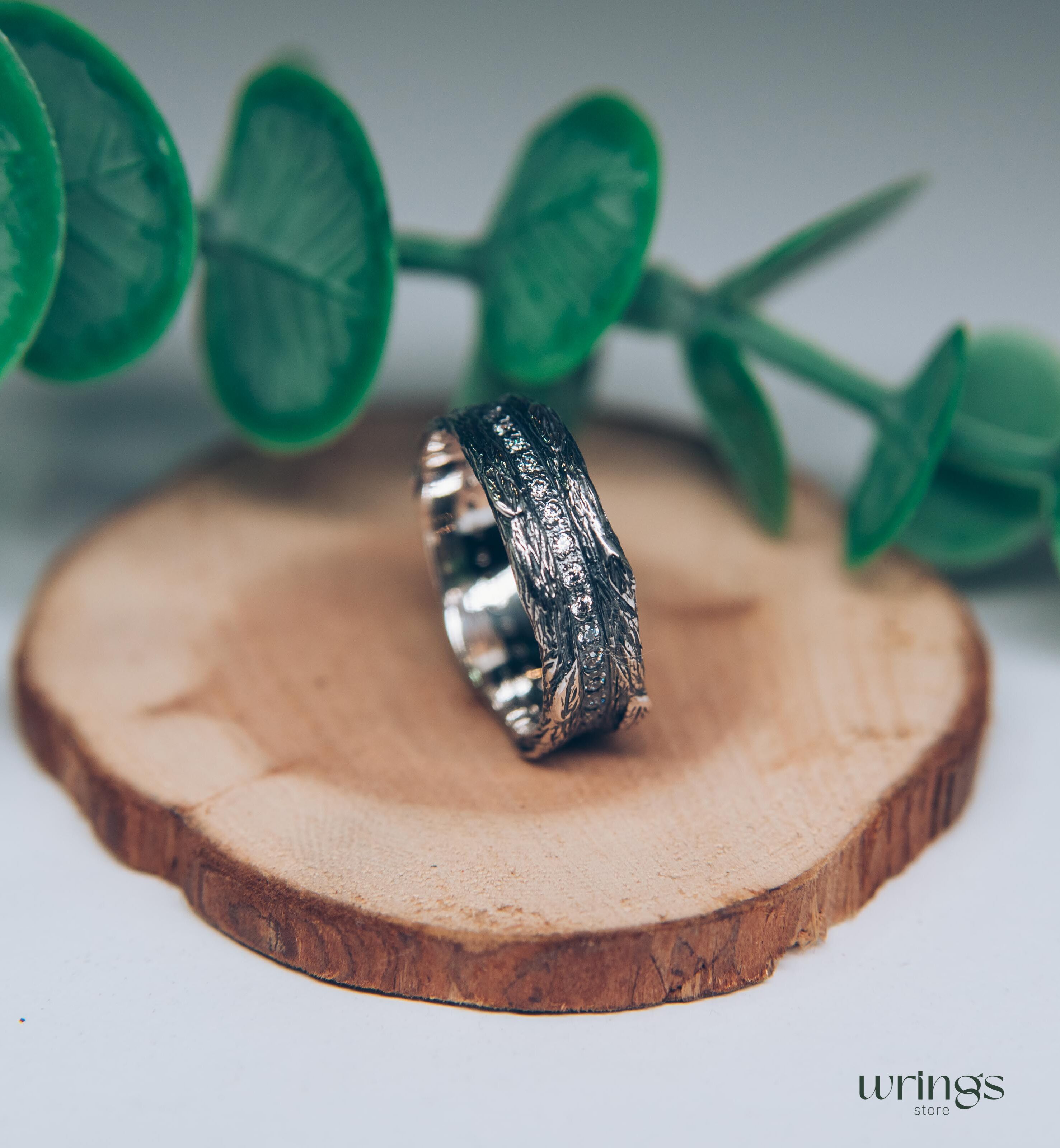 Silver Eternity Ring Wood Leaves and White Stones