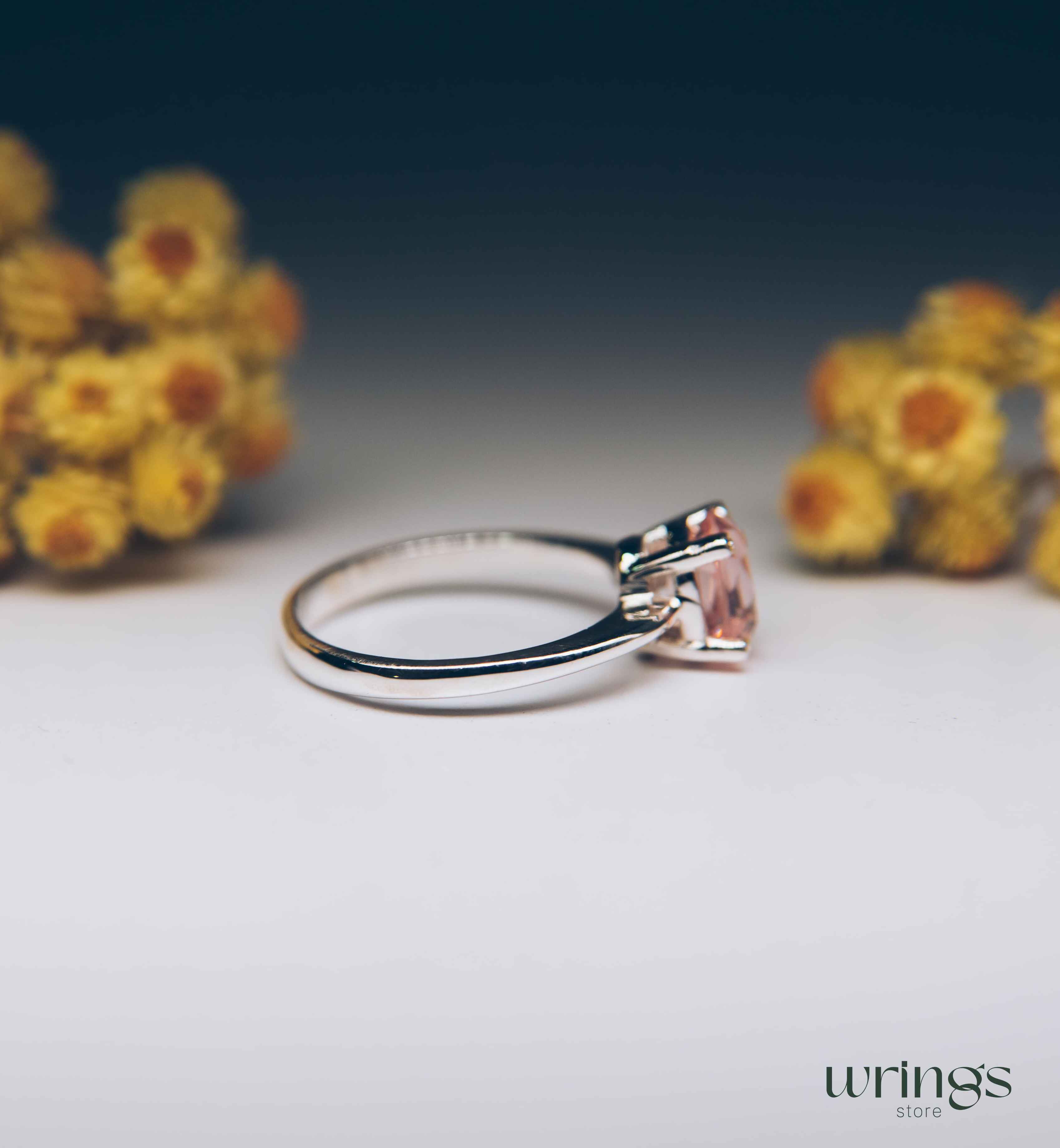 Large Oval Rose Quartz Solitaire Ring Sterling Silver