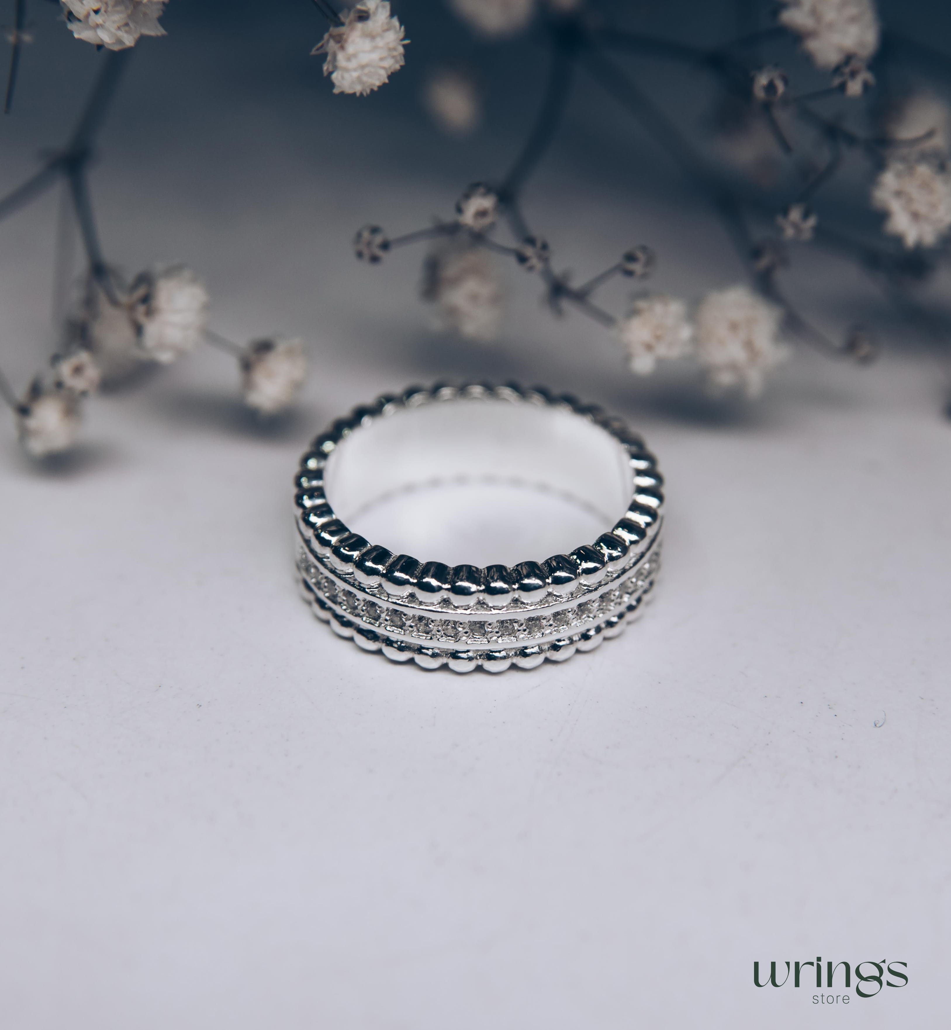 Unique Beaded Silver Half Eternity Band with Diamonds