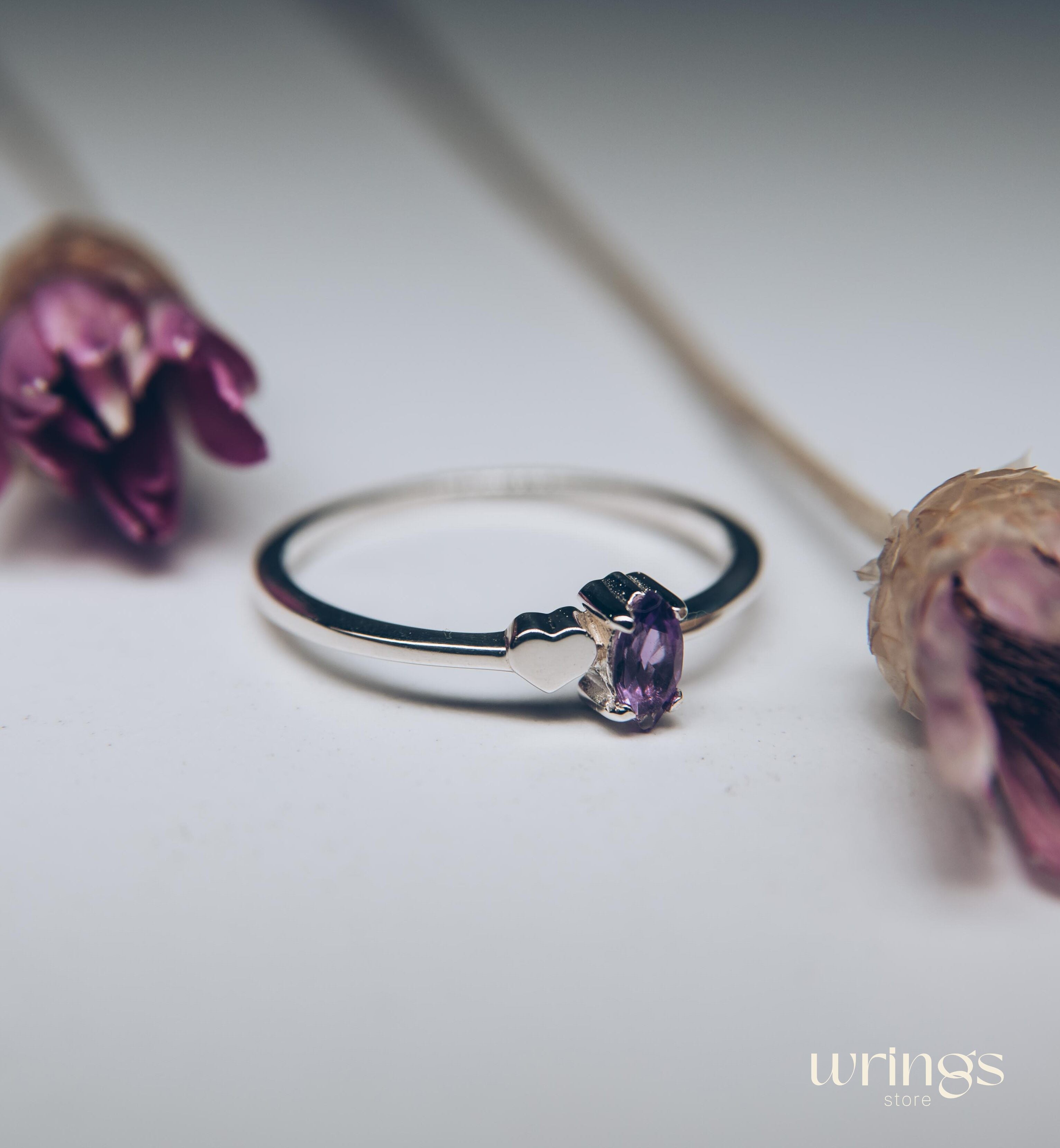 Marquise cut Amethyst Engagement Ring with Side Heart