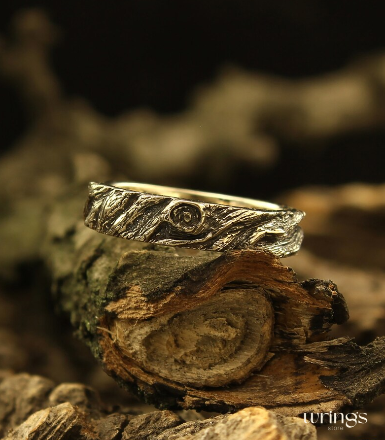 White Gold Wood Design Earthy Wedding Band Rustic Style