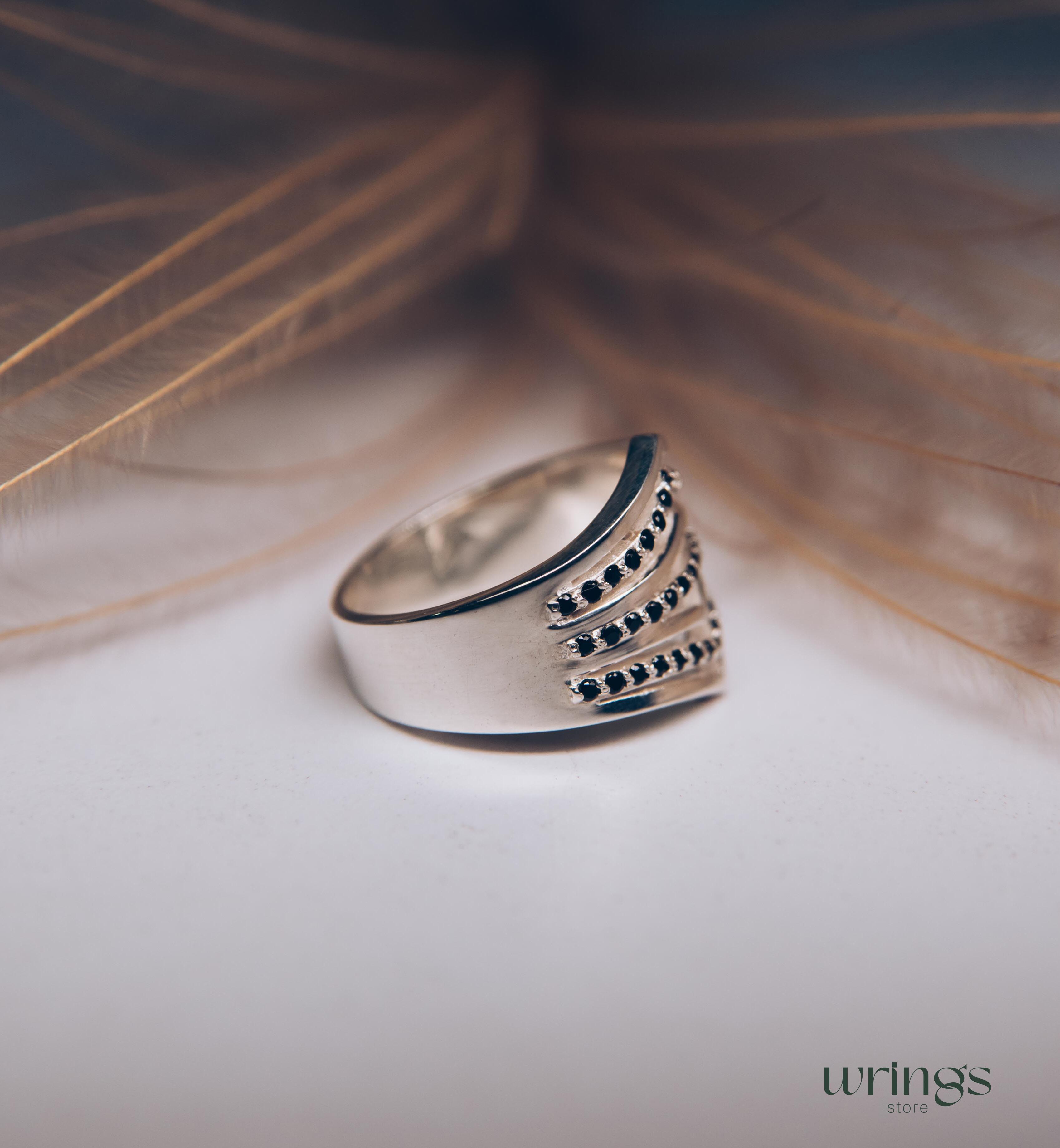 Extra Wide Silver Dome Ring Double Chevron Black Stones