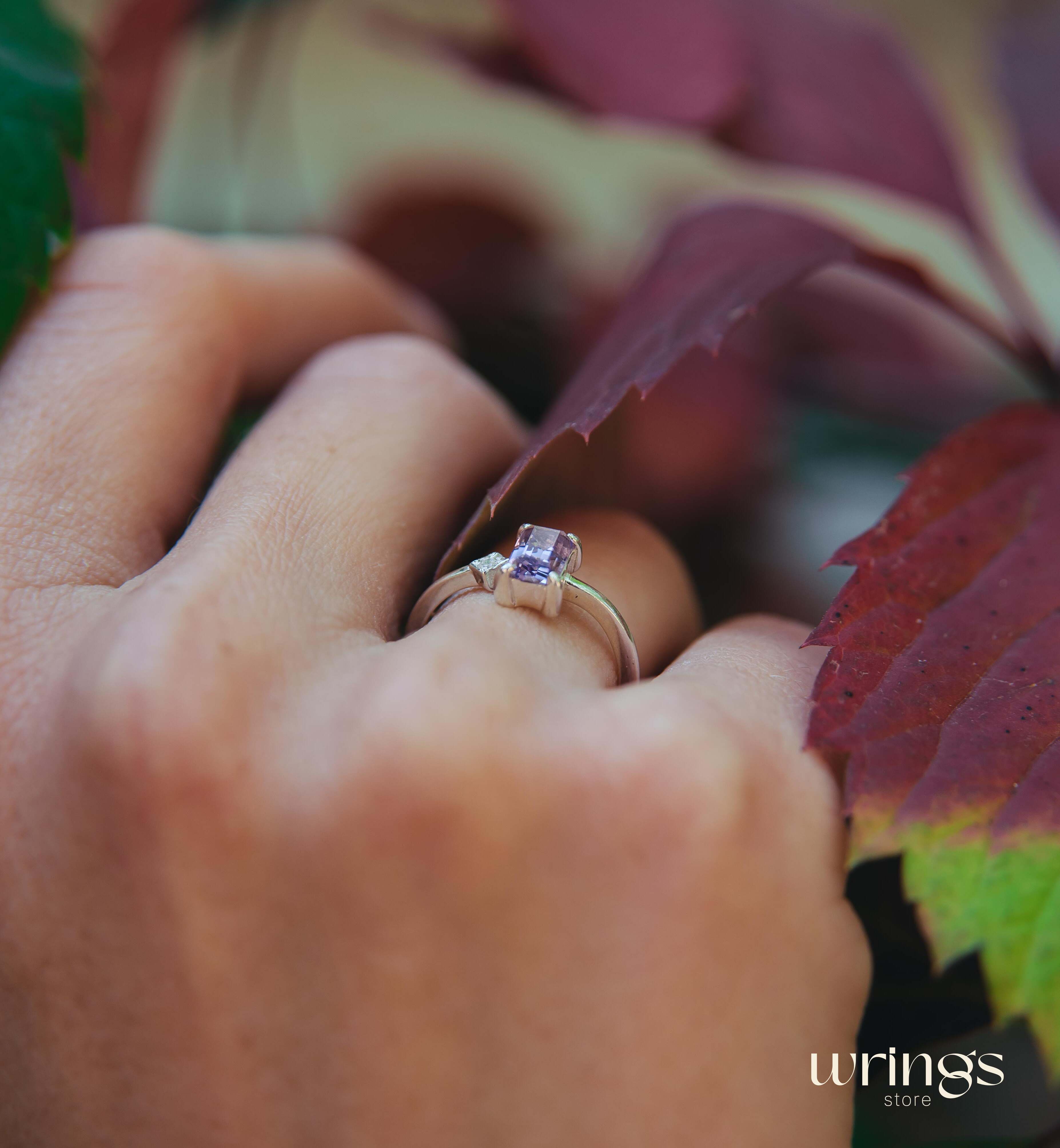 Central Octagon Amethyst Side Stone Engagement Ring Silver