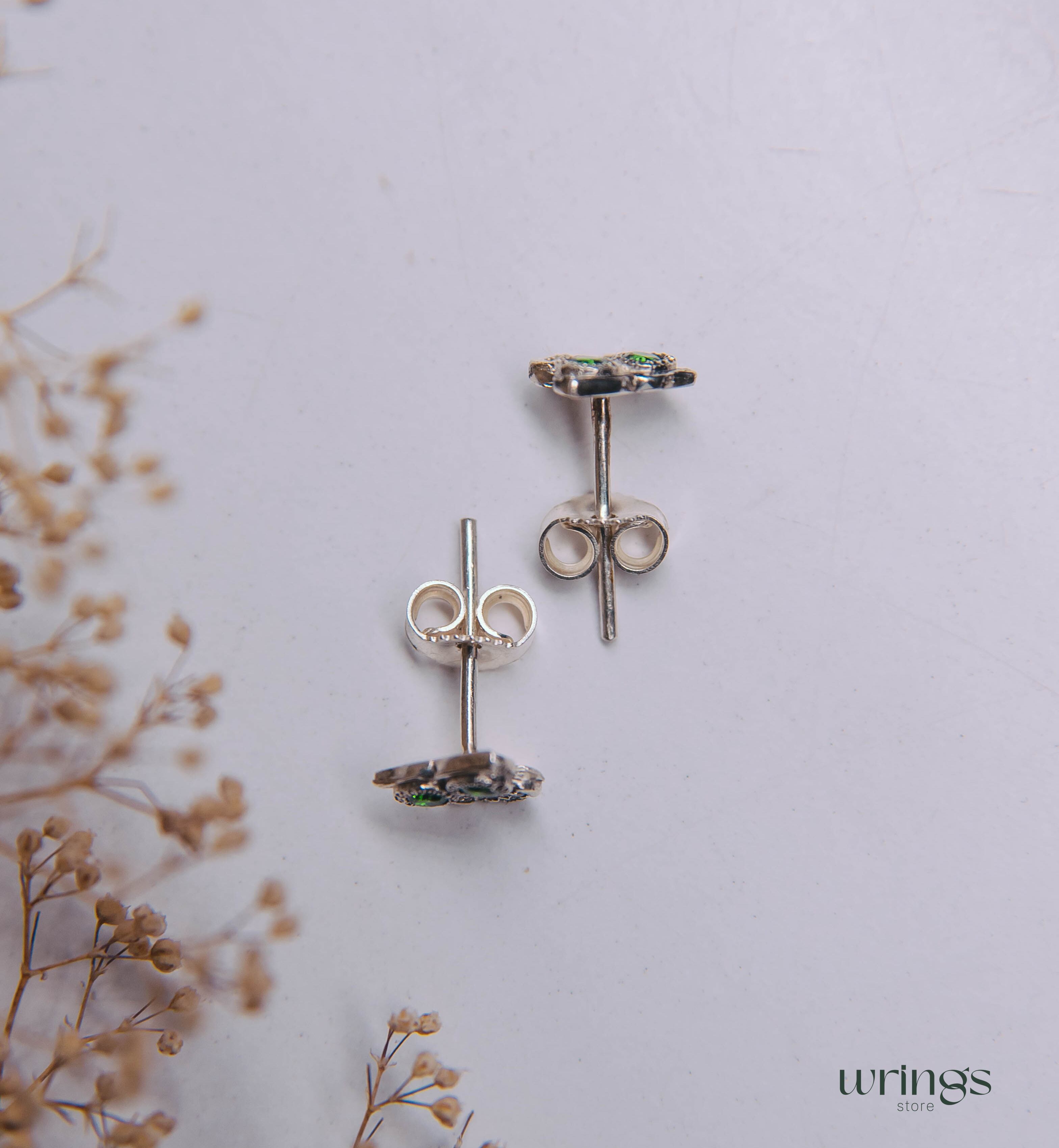 Emerald Eyes Owl Stud Earrings Silver with White Stones