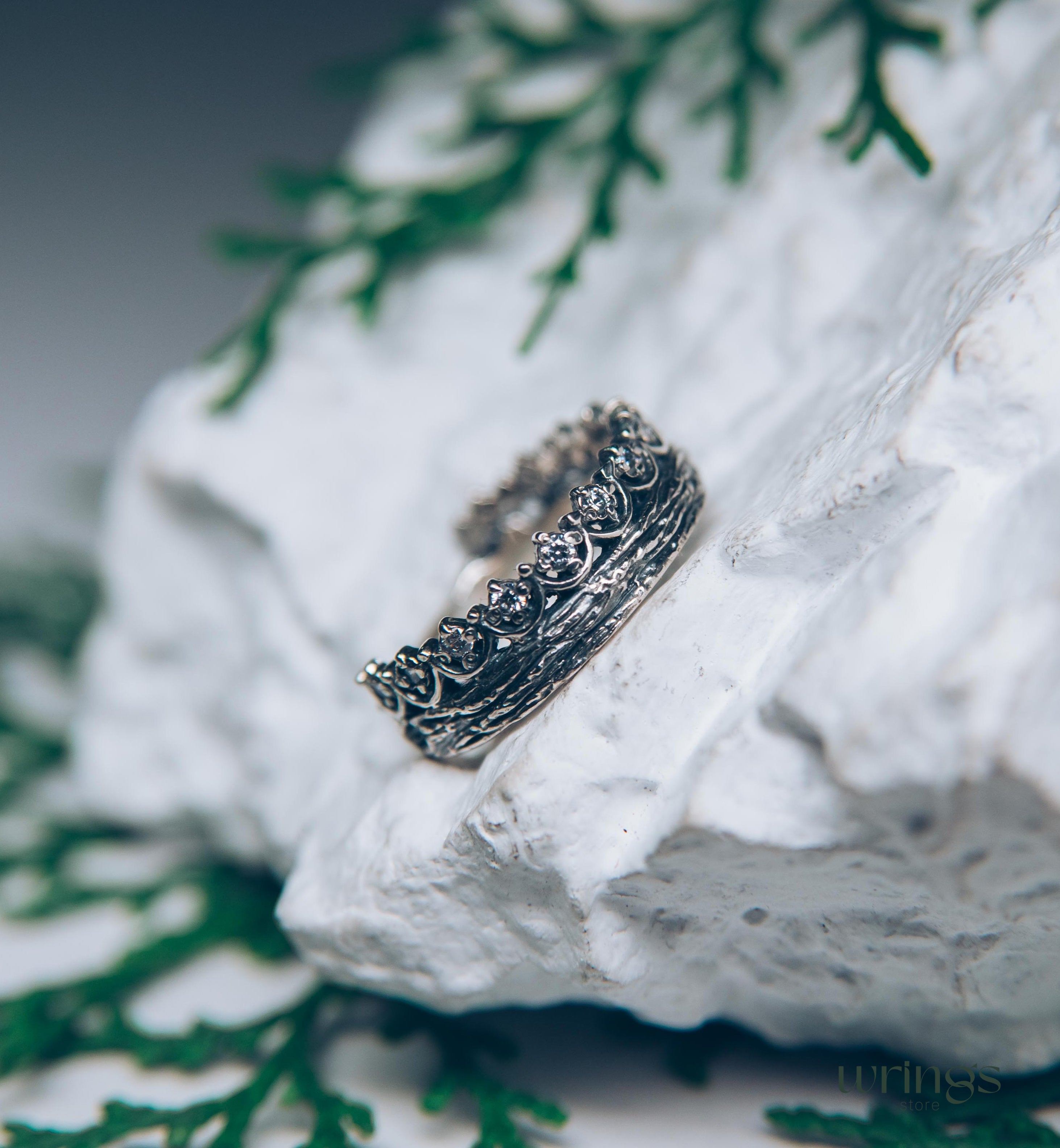 Princess Crown Wedding Ring with Gems & Twig Silver Band