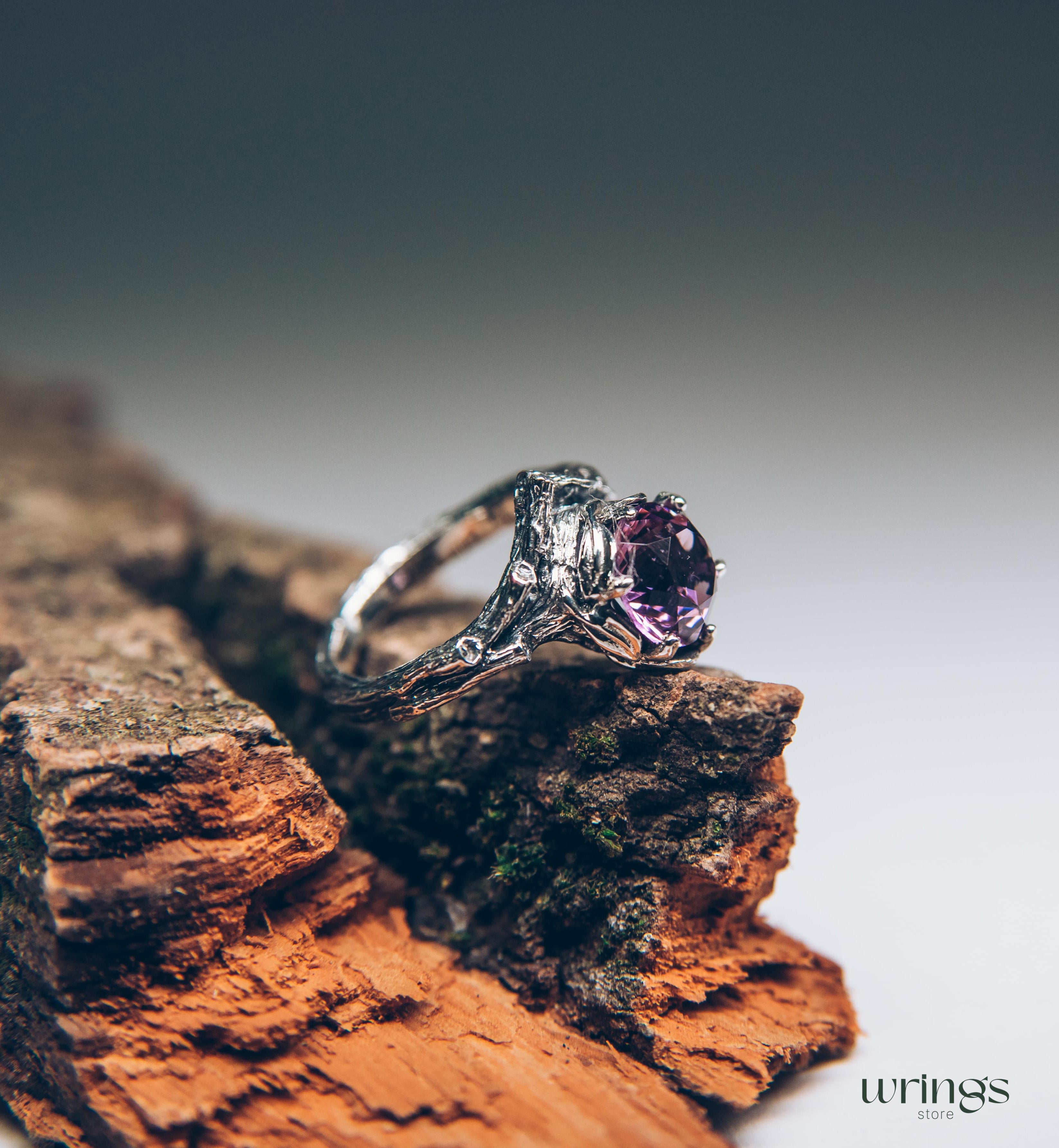 Big Amethyst Chevron Statement Ring & Leaves on a Silver Branch