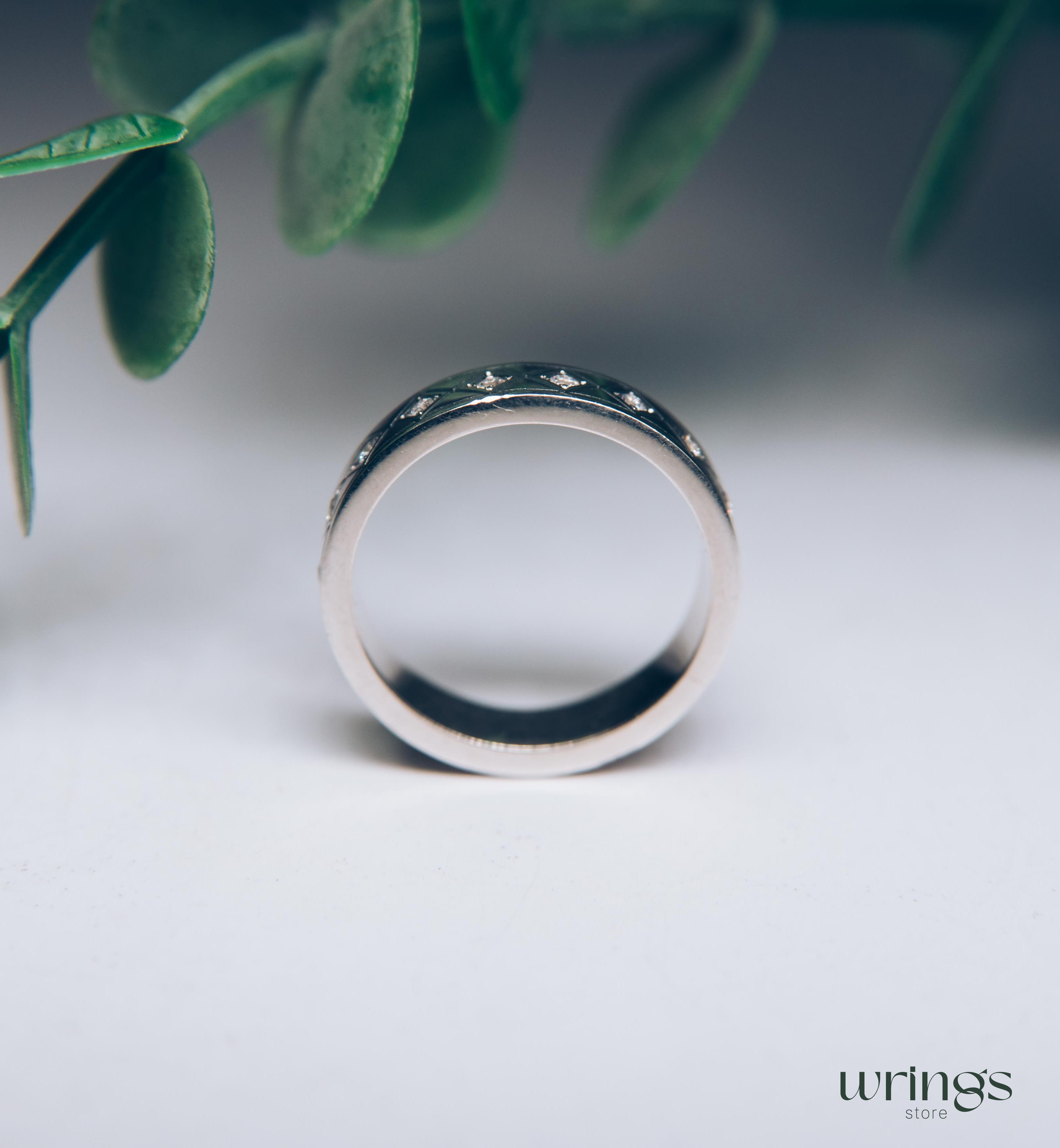 Silver Eternity Ring with Multi Gems Engraved Rhombus