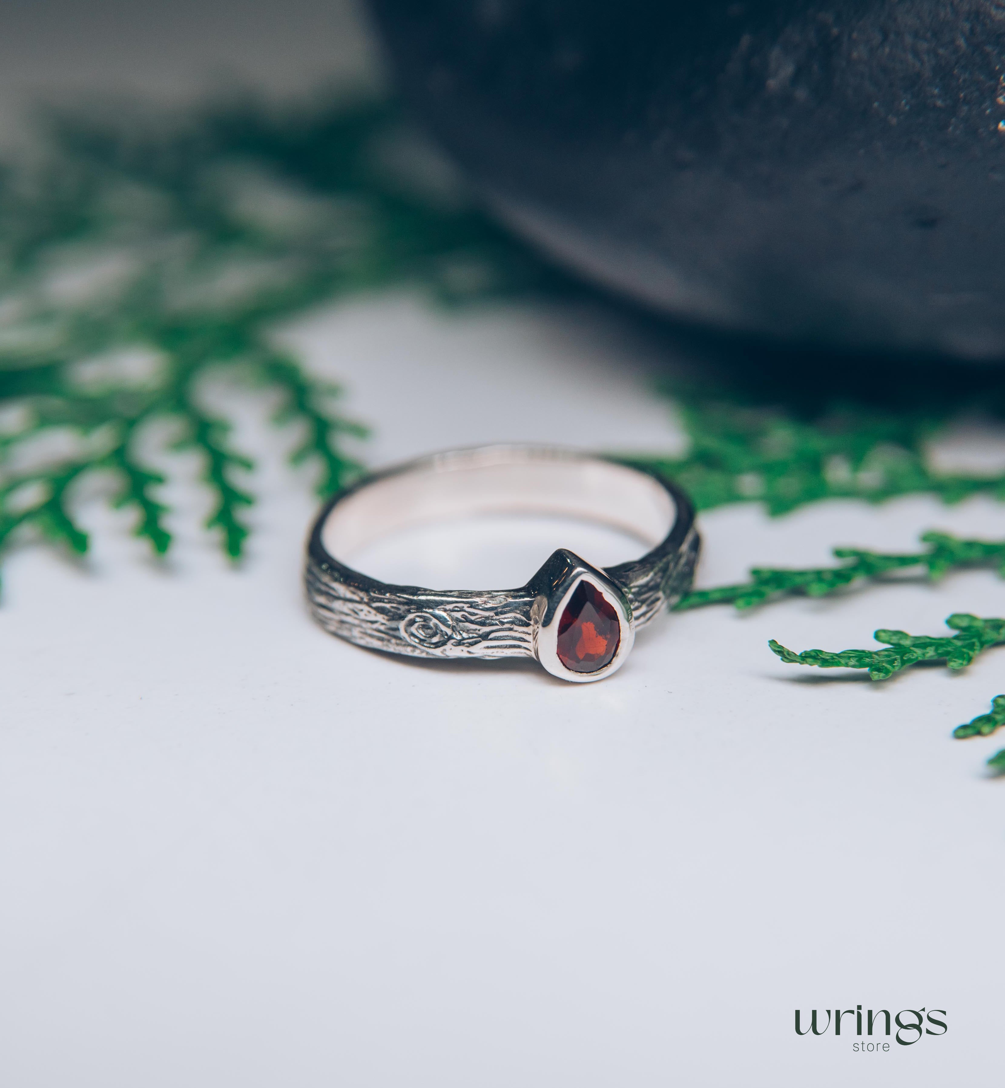 Pear cut Garnet Ring with Sterling Silver Tree bark