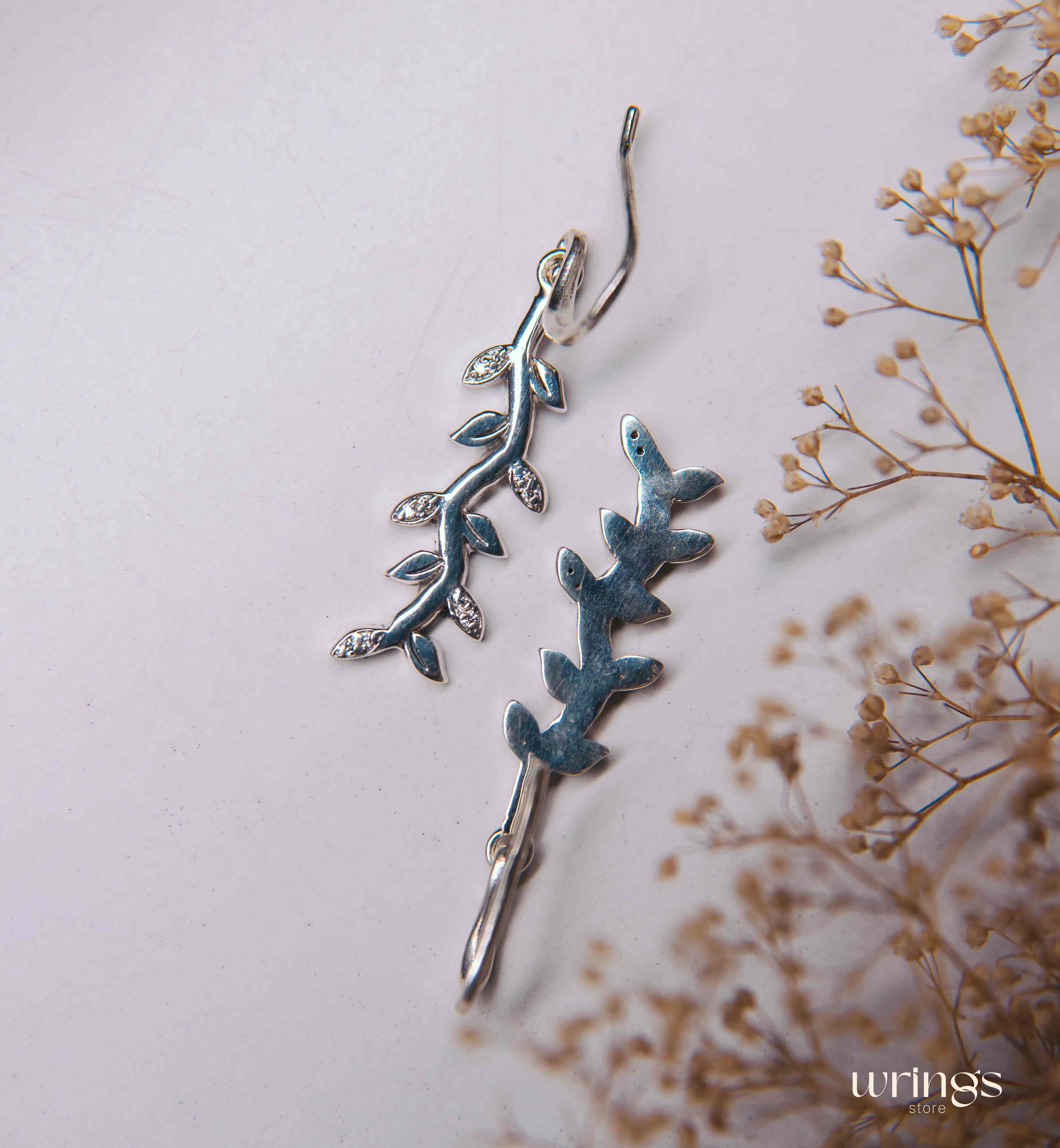 Pretty Many Leaves Silver Earrings with White Gemstones