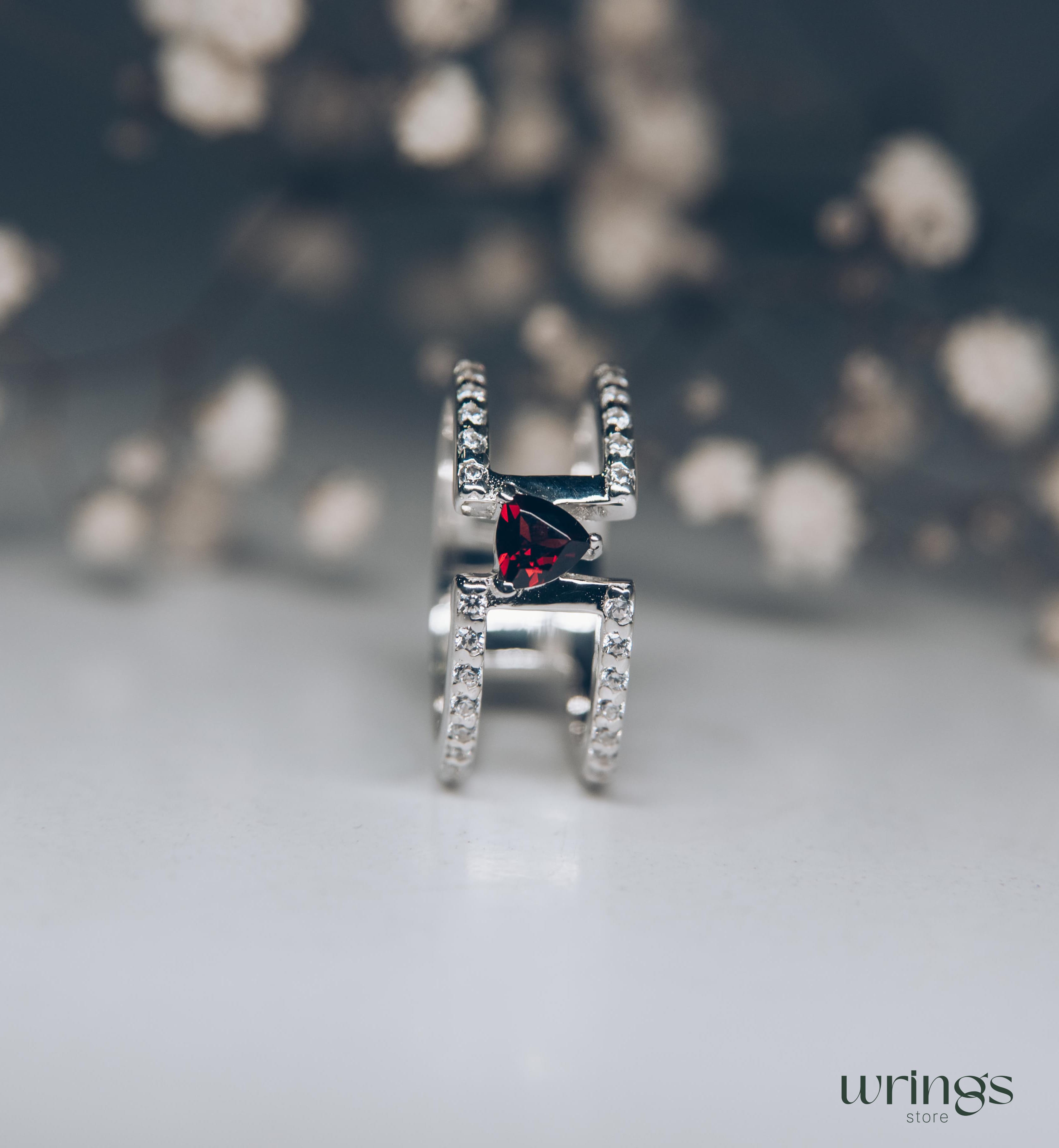Trillion Garnet Unique Double Engagement Ring CZ Stones