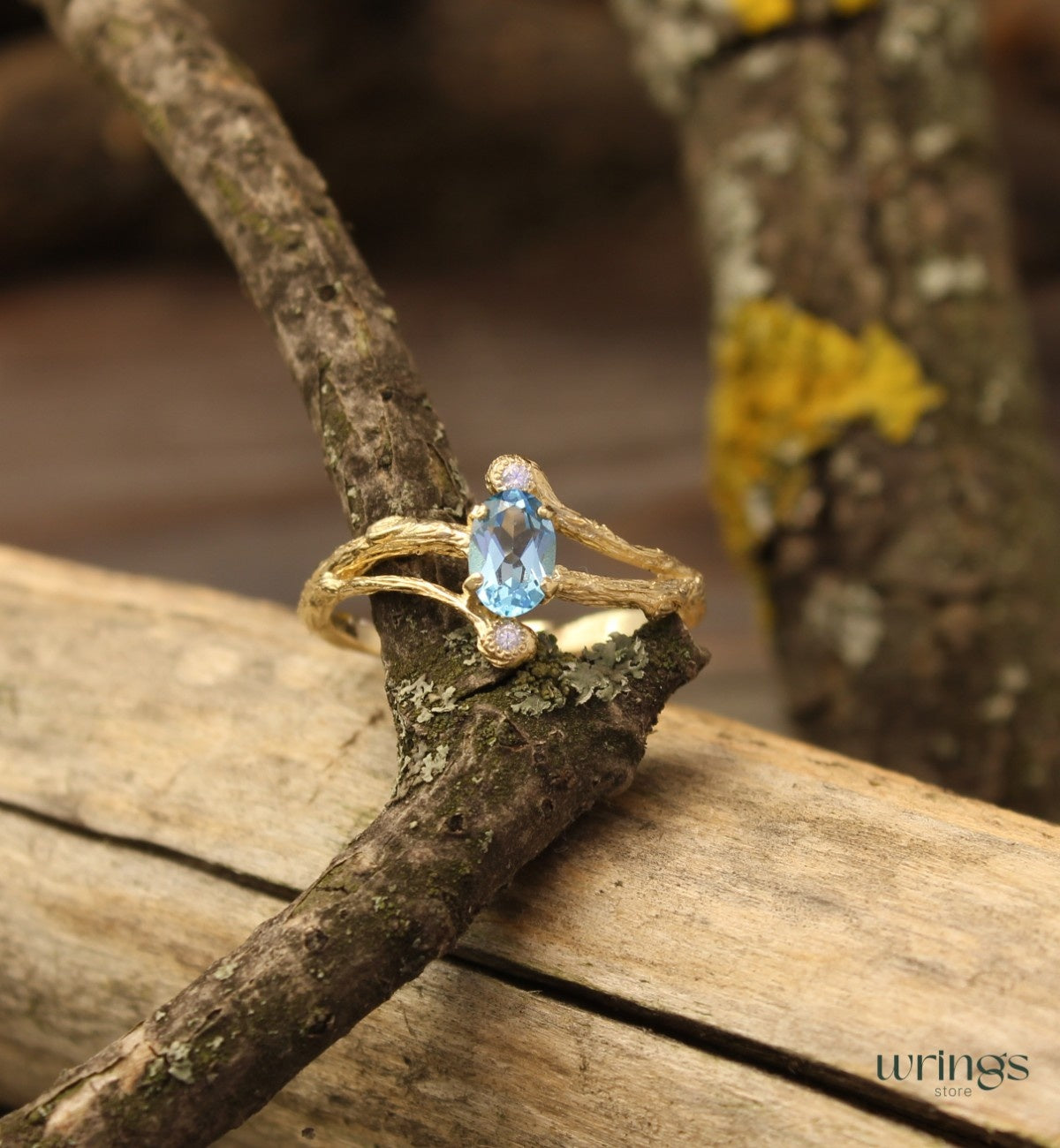 Split Branch Three Stone Topaz Engagement Ring 14k Gold