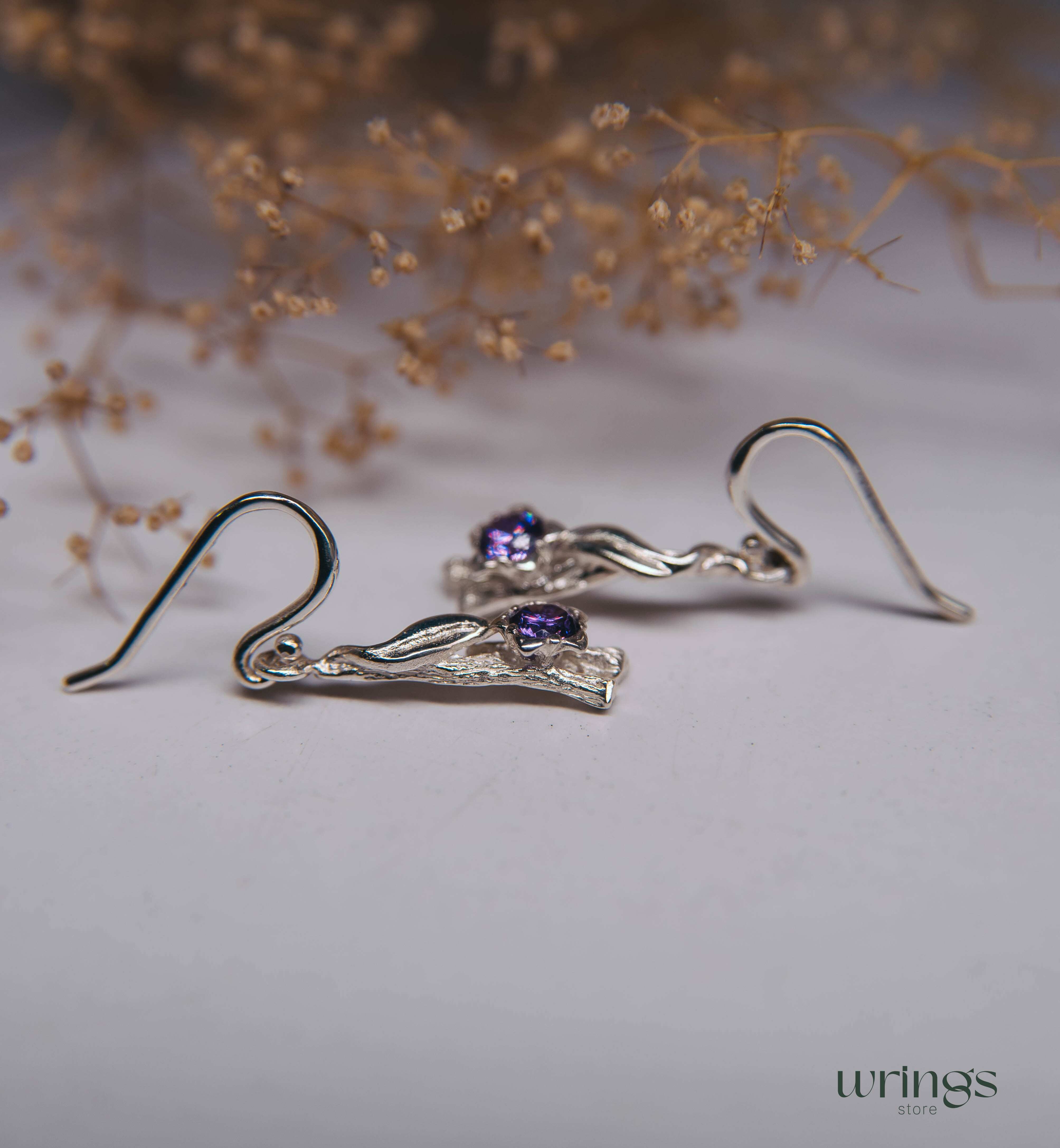 Amethyst Nature Earrings Flower Leaf and Branch Silver