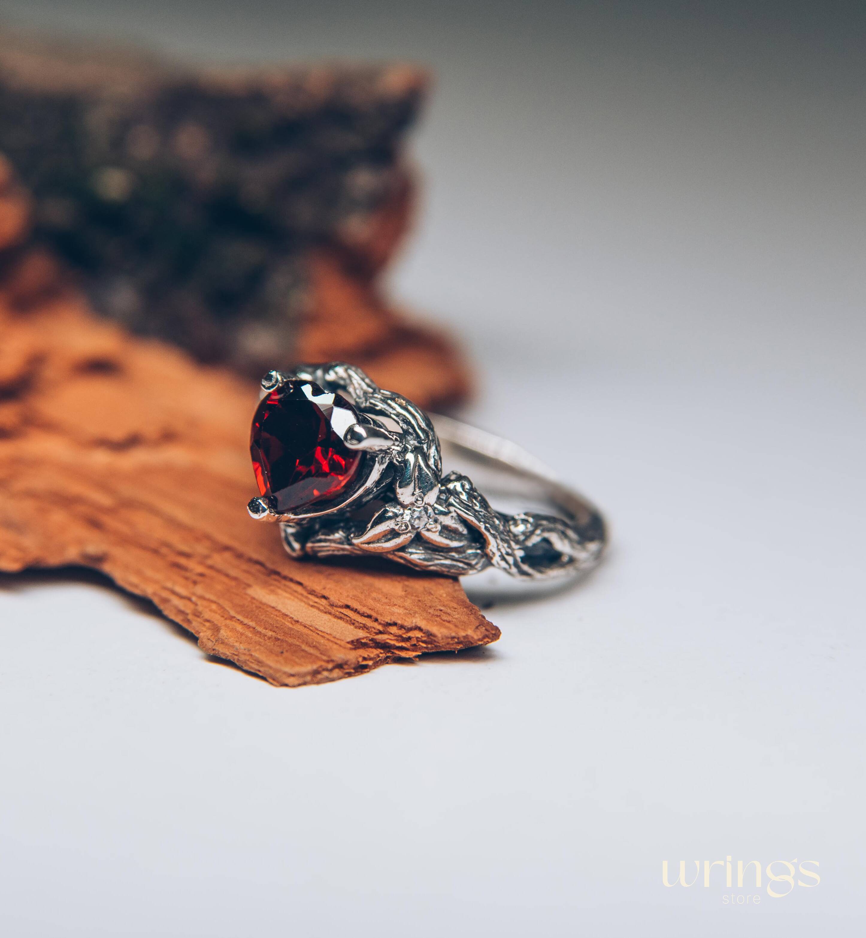 Heart Shaped Garnet Branch Engagement Ring with Leaves