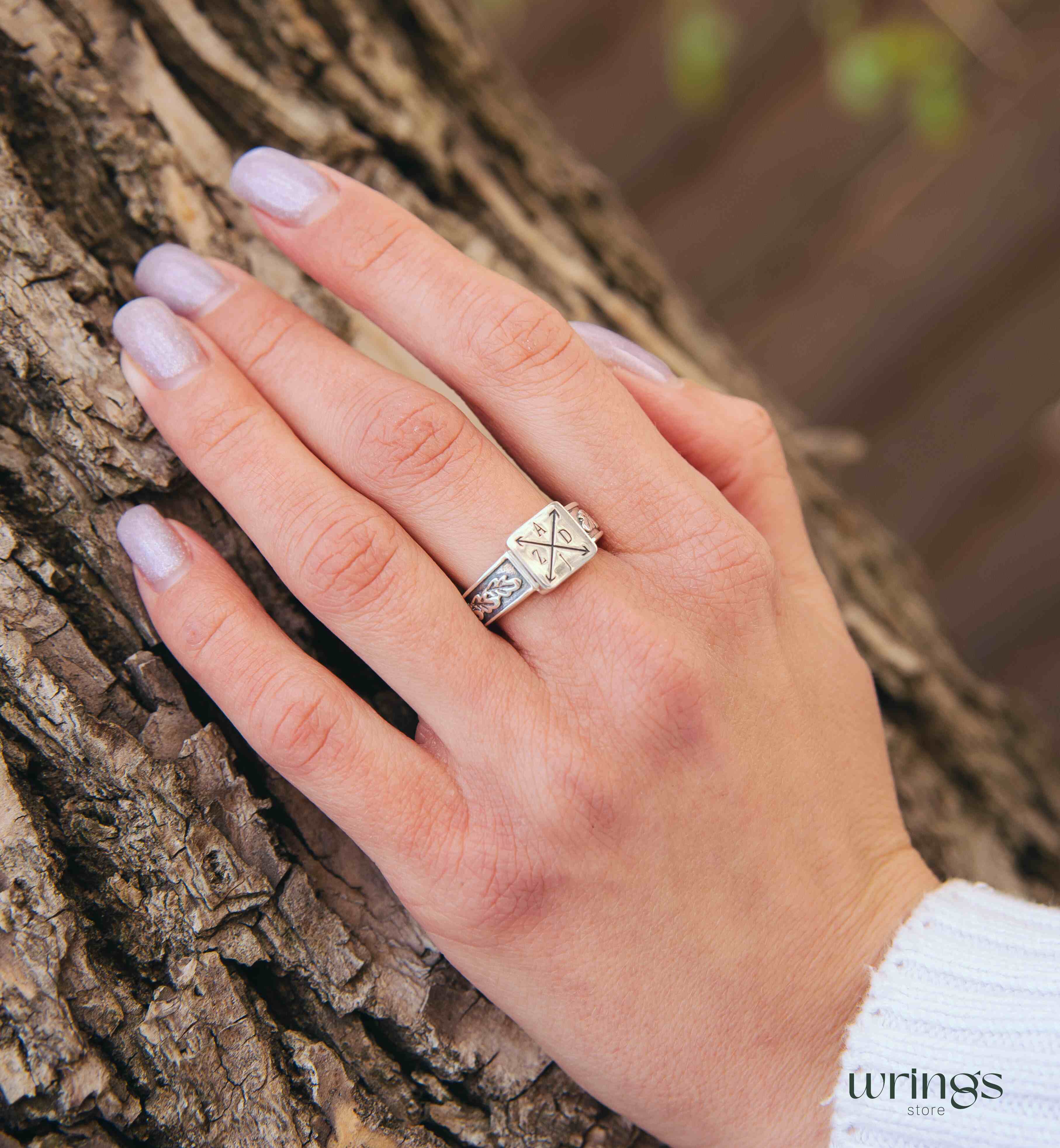 Initials and Monogram Signet Ring Engraved Oak Leaves